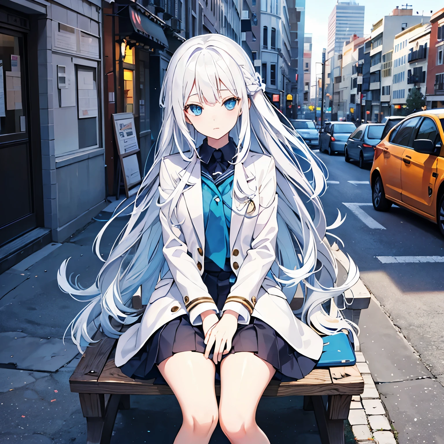 A young girl, White hair, light blue eyes, long hair, high school uniform, 1 person, soft smile, on city road
