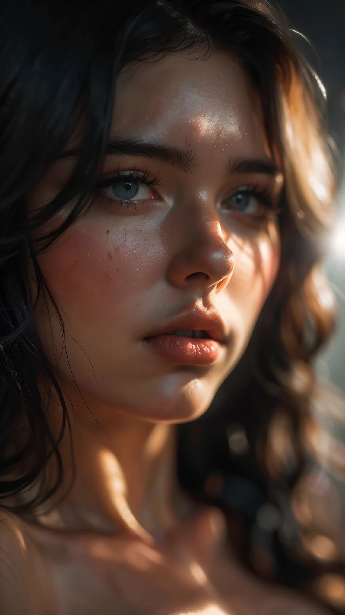 (((ultra realistic))) Photo, masterpiece, top quality, (pale skin), (Ultra detailed face and eyes:1.2), yellow eyes, 1 girl, naked, (Eye makeup, mascara) , (large detailed lips), ((dark long wavy hair)), ((strand of hair in front of eyes)) , (Natural breasts). ((Posing)), photoshoot, studio (Contour lighting), (The play of light and shadows), depth of field, bokeh, (special attention to skin detail: 1.2), Detailed leather texture, skin pores. (Dark and gloomy atmosphere of the frame. color scheme - black, Gray, ash tones), ((Film grain, VHS effect)), ((rays)) , ((flare)), ((close to the camera, radial background blur)) , ultra detialed, 