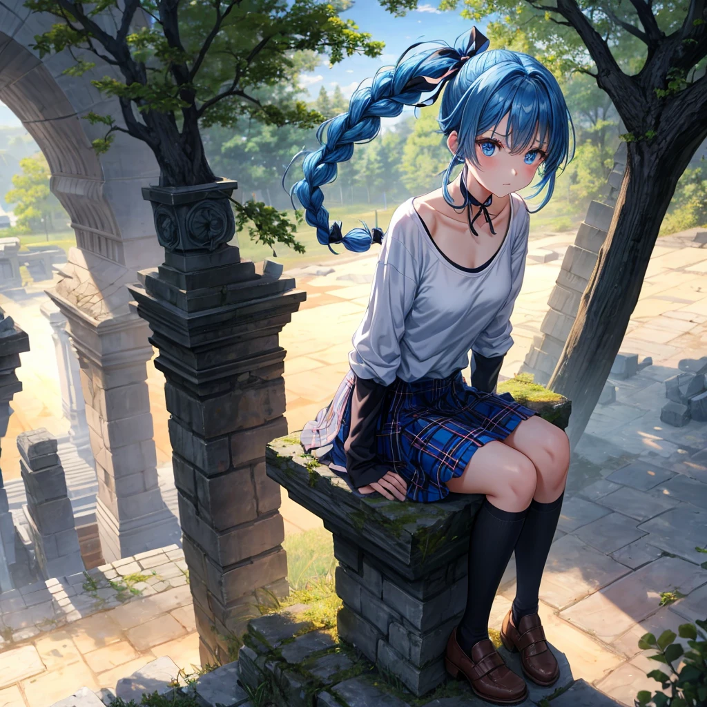 blue hair、blue eyes、Braid、ponytail、one good looking girl、solo、anime、Plaid miniskirt、camisole、black t-shirt、Tilting your face、Doing the ribbon、Ribbon at waist、sunset sky、broken stone steps、ruins、tunnel、Fallen leaves、Light and shadow、Raising legs、column、sparks fall、forest、tall grass grows、cloak、the ground is cracked、Shortness of breath、Meteor、sitting on a stone