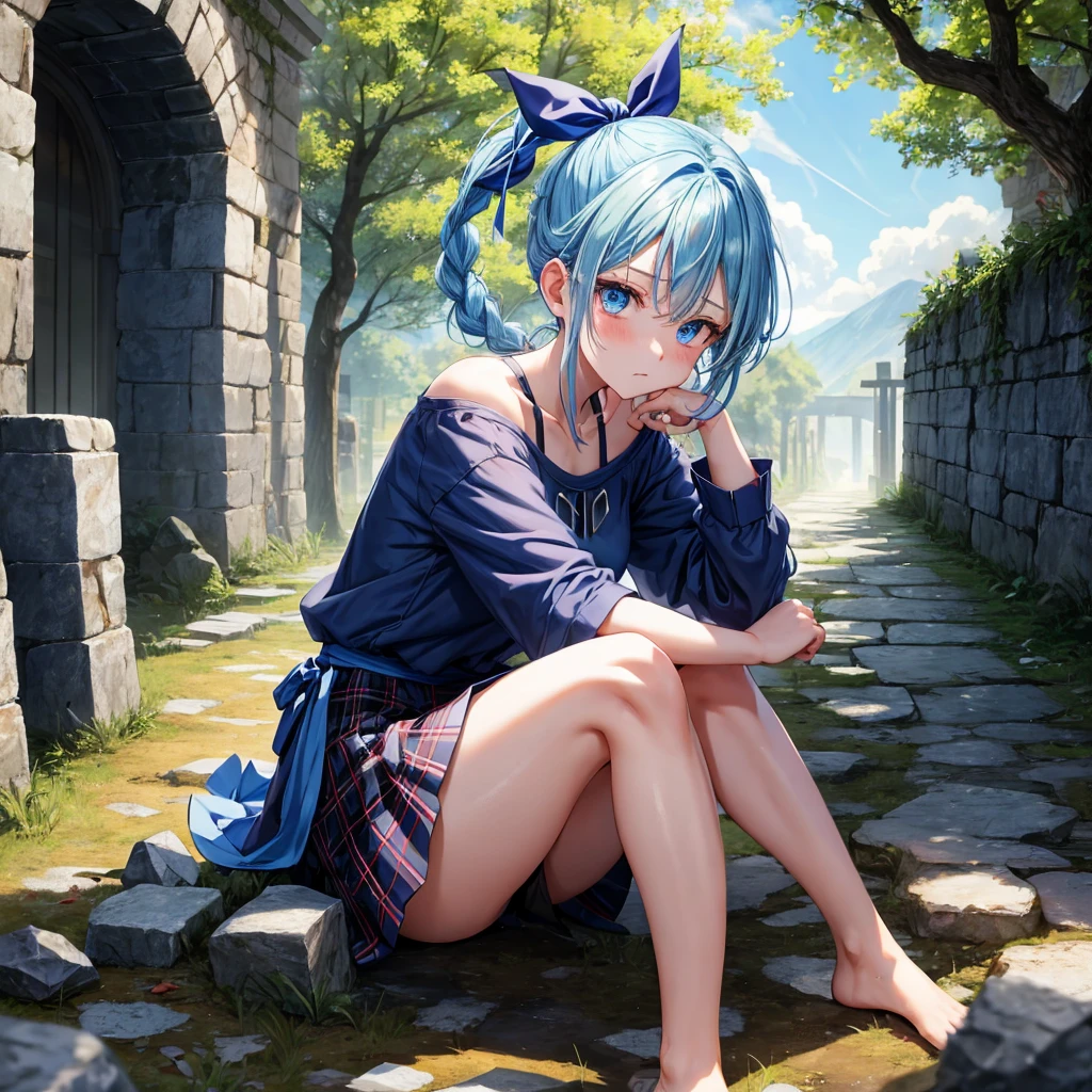 blue hair、blue eyes、Braid、ponytail、one good looking girl、solo、anime、Plaid miniskirt、camisole、black t-shirt、Tilting your face、Doing the ribbon、Ribbon at waist、sunset sky、broken stone steps、ruins、tunnel、Fallen leaves、Light and shadow、Raising legs、column、sparks fall、forest、tall grass grows、cloak、the ground is cracked、Shortness of breath、Meteor、sitting on a stone