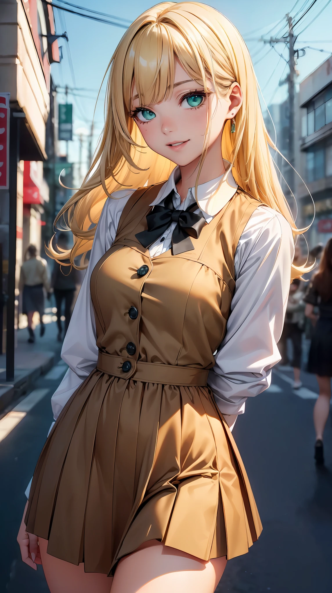 (8K, RAW photo, 最high quality, masterpiece:1.2), High-definition RAW color photo, Professional photo shoot, cinematic light, alone, (((young woman, gal))), (Sharp features), (small face), (high detail skin:1.2), clavicle, cute face, beautiful appearance, long eyelashes, (rainbow hair, greenいeye), beautiful breasts, (slim body shape:1.4), very detailed顔と肌の質感, 詳細なeye, double eyelid, 横eyeで見る, Place your hands behind your body, ((blonde, long bangs on one side, asymmetrical bangs, 片eyeが隠れる, wavy hair)), slender body, ((open your mouth and smile:1.2, 上eye遣い)), big breasts, normal hip joint, green_eye, cowboy shot, composition from above, (((hoodie:1.5, denim pants, Seductive thighs))), downtown at night, 見つめるeye, beautiful skin, shiny skin, perfect fingers, five fingers, anatomically correct, background bokeh, high quality, surreal, bright colors, ((very detailed, photo shoot)),