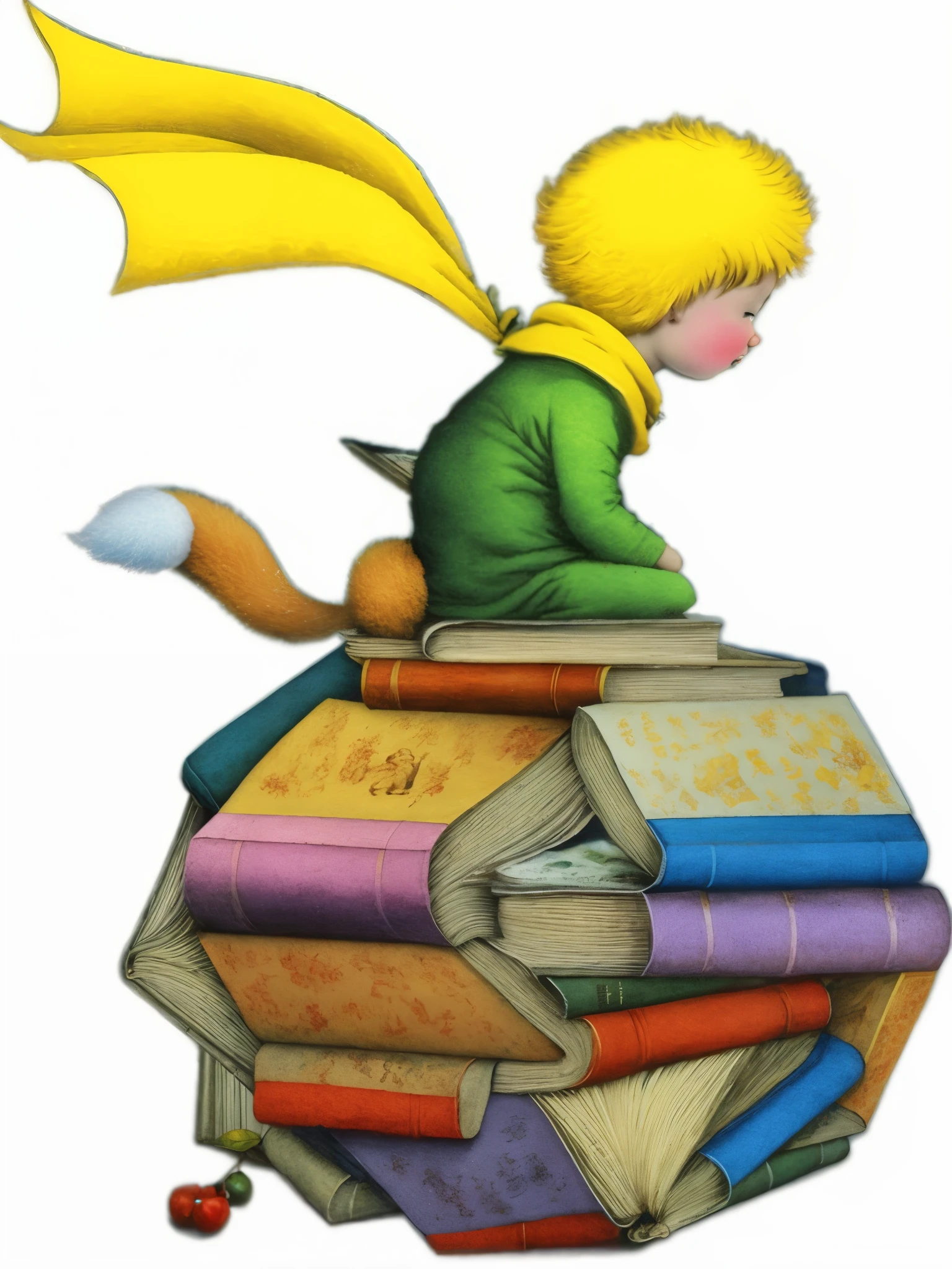 a cartoon boy sitting on a pile of books with a yellow cape, the little prince, childrens book art, children's book art, storybook art, the art of books, loot of books, by Li Mei-shu, inspired by Robert Alwyn Hughes, by Nil Gleyen, drawn image, inspired by Raymond Briggs, by François Bocion