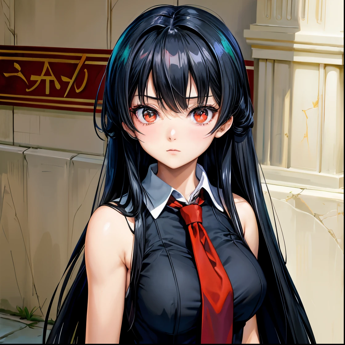 anime girl with long black hair and a red tie, female anime character, anime girl wearing a black dress, she has black hair with bangs, as an anime character, sao style anime, black hime cut hair, rei hino as a princess, anime girl named lucy, anime character, anime best girl, anya from spy x family, gothic maiden anime girl