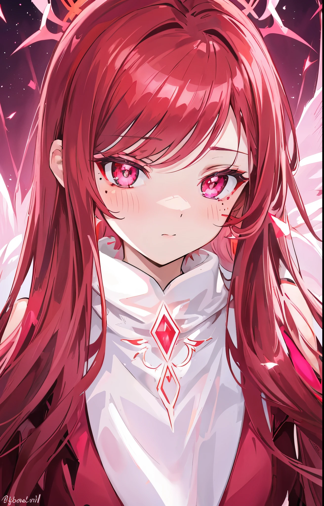 Pink-purple blood-red pupils,Beautiful reddish brown hair,There is a beauty mole,The face is white and tender,Like a phoenix,spark pattern,Red crystal for decoration,Body glowing with orange fluorescence,Looks beautiful,It was stunning