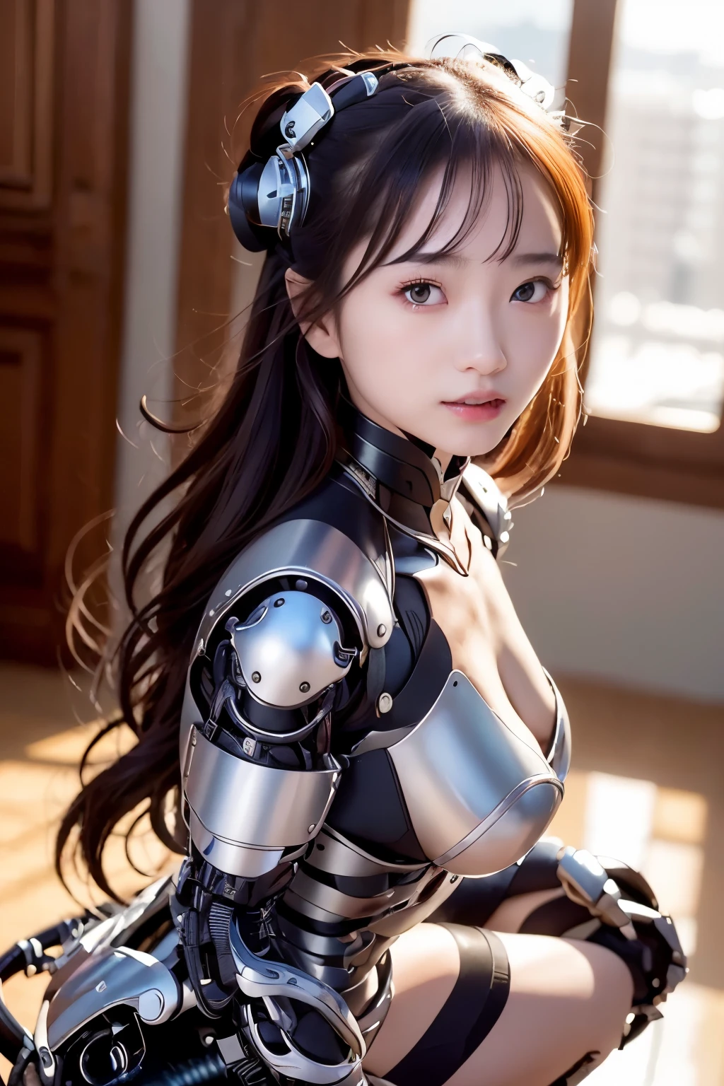 highest quality、masterpiece、Super high resolution、(Photoreal:1.4)、((beautiful girl:1.6)), 全身cyborg少女1体、、no human、((The only skin part is the face)), glowing eyes、((Lots of split metal chest protectors)), Metalrobot、((全身が戦闘robotの体))、((ボディパーツはrobotパーツ:1.8))、((The internal mechanisms of the chest are exposed)), ((Mechanical chest armor with LED indicators and meters)), robotの腕と脚、((露出したMetal骨格 of the abdomen))、頸部のMetal骨格、Under repair、destroyed body、Metalメカニカルブラ、全身Metalスキン、metal bodysuit、全身を覆うMetal鱗、Metal製のボディ、全身Metal、beautiful girl、prosthetic hand、prosthetic leg、全身cyborg、露出したMetal骨格、asian beauty、cyberpunk、steampunk、downtown at night、SM Room、Complex 3d rendering beautiful porcelain profile ultra detailedd female type android face、dark brown hair、glowing skin、((Super realistic details))、Portrait、global illumination、Shadow、octane rendering、Metal、複雑な装飾のdetailed、日本のdetailed、very intricate details、realistic光、CG Society Trends、purple eyes、shining eyes、towards the camera、ネオンのdetailed、mechanical limbs、blood vessels connected to tubes、mechanical vertebrae attached to the back、cervical vertebrae mechanically attached to the neck、sit on top、Wires and cables connecting to the head、gundam、small led lamp、masterpiece、 Metalrobot、Metal製のボディ、全身Metal、prosthetic hand、prosthetic leg、全身cyborg、露出したMetal骨格、asian beauty、cyberpunk、steampunk、downtown at night、SM Room、Complex 3d rendering beautiful porcelain profile super detailedd female android face、cyborg、robot部品、150mm、Soft light in a beautiful studio、rim light、vivid details、gorgeous cyberpunk、Ren Hao、超realistic、anatomical、facial muscles、cable wire、microchip、elegant、beautiful background、octane rendering、HR giger style、8K、highest quality、masterpiece、enlightenment、very delicate and beautiful、 非常にdetailedなCG、unity、wallpaper、(realistic、Photoreal:1.37)、amazing、detailed、masterpiece、best quality、official art、Highly detailedd CG unity 8k wallpaper、absurd、incredibly absurd、、robot、silver beads、Full body Esbian、standing