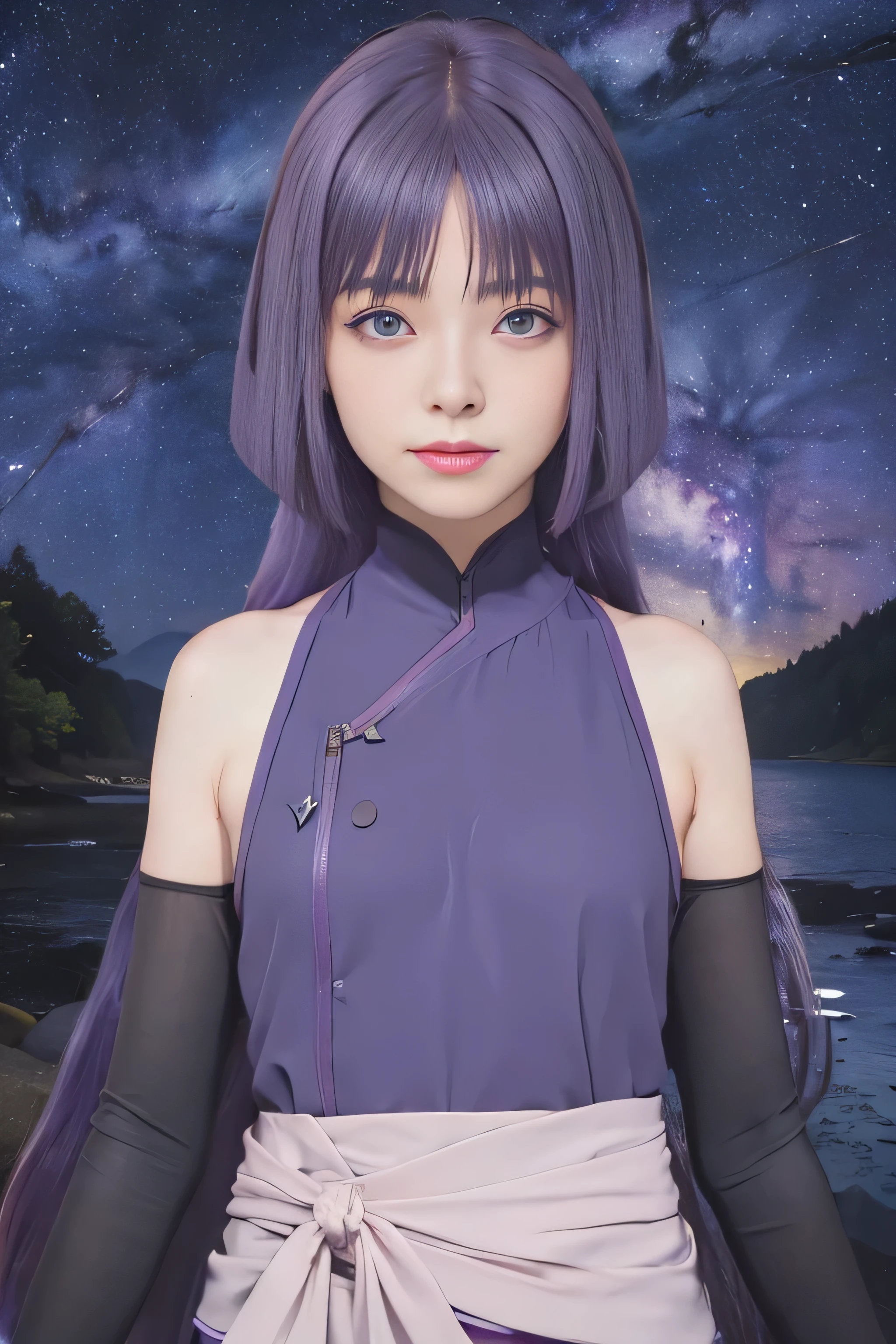 masterpiece, best quality, (realistic,photo-realistic:1.4), (RAW photo:1.2), extremely detailed CG unity 8k wallpaper, delicate and beautiful, amazing,finely detail, official art, absurdres, incredibly absurdres, huge filesize, ultra-detailed,extremely detailed eyes and face,light on face,little smile,sarada uchiha(purple hair:1.4),long hair,(milky-way background:1.4)