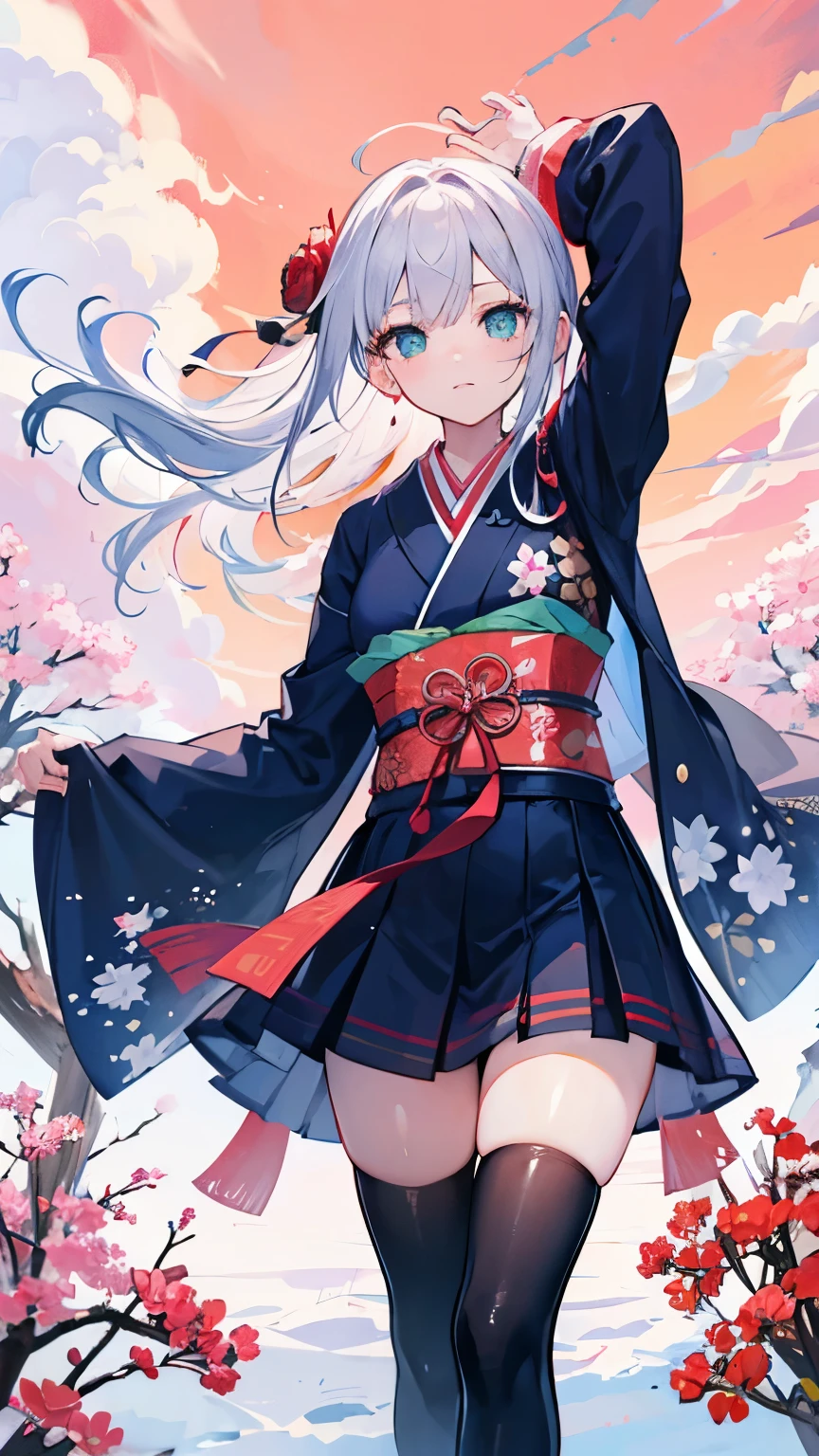 Ultra detailed, perfect face, ultra quality, Girl with white hair, aqua eyes, ribbon, thigh high, japanese clothes, long hair, cinematic, bright red sky, sakura flower, snow, composition, perspective