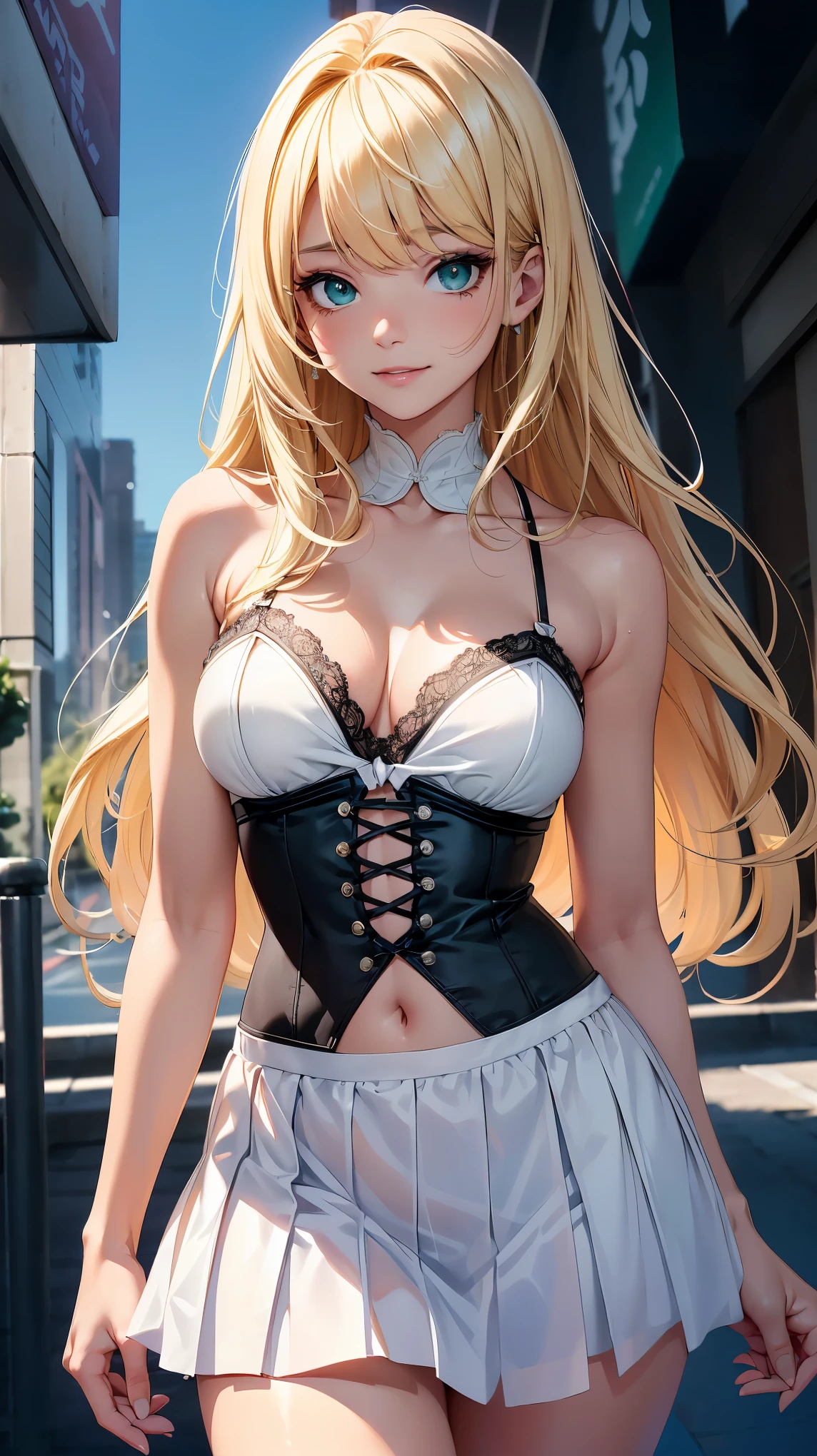 (8K, RAW photo, 最high quality, masterpiece:1.2), High-definition RAW color photo, Professional photo shoot, cinematic light, alone, (((young woman, gal))), (Sharp features), (small face), (high detail skin:1.2), clavicle, cute face, beautiful appearance, long eyelashes, (rainbow hair, greenいeye), beautiful breasts, (slim body shape:1.4), very detailed顔と肌の質感, 詳細なeye, double eyelid, 横eyeで見る, Place your hands behind your body, ((blonde, long bangs on one side, asymmetrical bangs, 片eyeが隠れる, wavy hair)), slender body, ((open your mouth and smile:1.2, 上eye遣い)), big breasts, normal hip joint, green_eye, cowboy shot, composition from above, (((hoodie:1.5, denim pants, Seductive thighs))), downtown at night, 見つめるeye, beautiful skin, shiny skin, perfect fingers, five fingers, anatomically correct, background bokeh, high quality, surreal, bright colors, ((very detailed, photo shoot)),