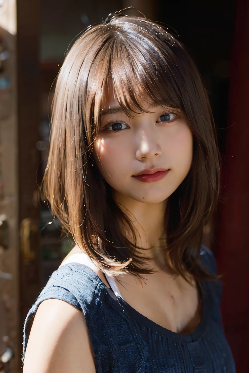 (8K, RAW photo, highest quality, masterpiece:1.2), (realistic, photo-realistic:1.37), Super detailed, ultra high resolution,1 girl,looking at the viewer,short hair,beautiful detailed face,smile,narrow,(slim waist:1.3),chest exposure,cleavage ,beautiful and smooth skin, skin texture, floating hair,professional lighting,