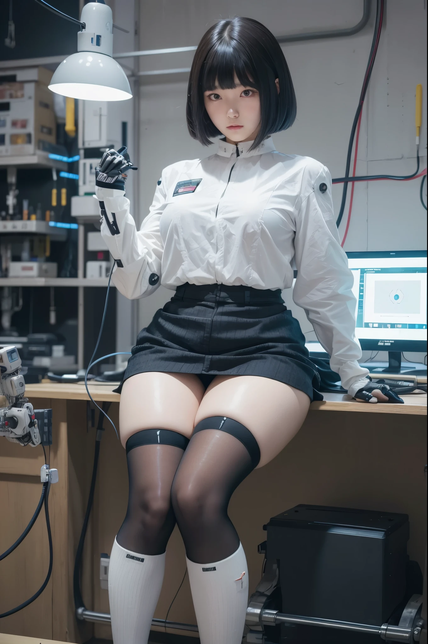 masterpiece, best quality, extremely detailed, Japaese android girl,Plump , control panels,android,Droid,Mechanical Hand, Robot arms and legs, Black hair,Blunt bangs,perfect robot girl,long tube,thick cable connected her neck,android,robot,humanoid,cyborg,japanese cyborg girl ,future laboratory,connecting a cable between the legs,skirt, high socks