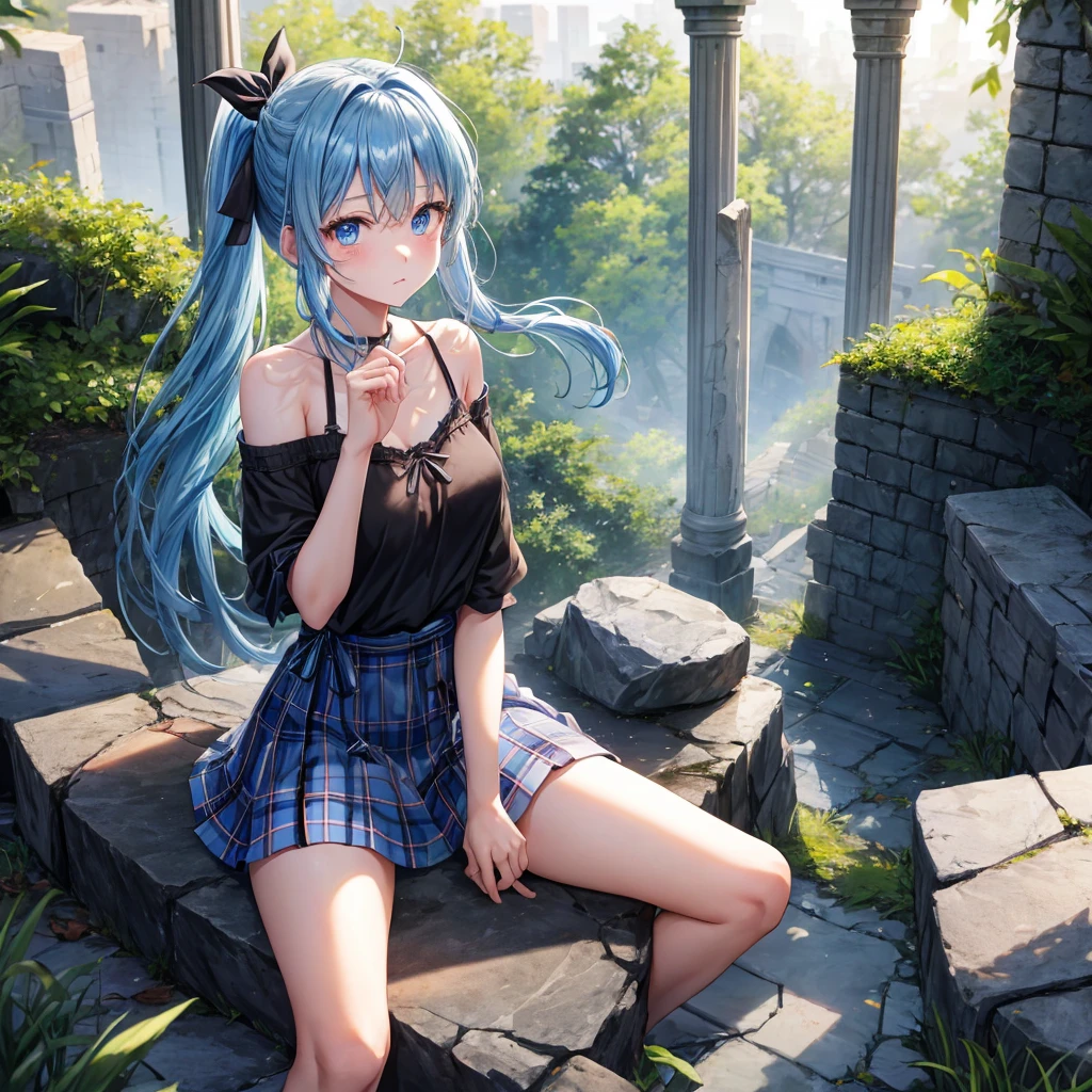 blue hair、blue eyes、Braid、ponytail、one good looking girl、solo、anime、Plaid miniskirt、camisole、black t-shirt、Tilting your face、Doing the ribbon、Ribbon at waist、sunset sky、broken stone steps、ruins、tunnel、Fallen leaves、Light and shadow、Raising legs、column、sparks fall、forest、tall grass grows、cloak、the ground is cracked、Shortness of breath、Meteor、sitting on a stone
