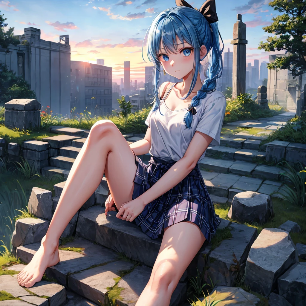 blue hair、blue eyes、Braid、ponytail、one good looking girl、solo、anime、Plaid miniskirt、camisole、black t-shirt、Tilting your face、Doing the ribbon、Ribbon at waist、sunset sky、broken stone steps、ruins、tunnel、Fallen leaves、Light and shadow、Raising legs、column、sparks fall、forest、tall grass grows、cloak、the ground is cracked、Shortness of breath、Meteor、sitting on a stone