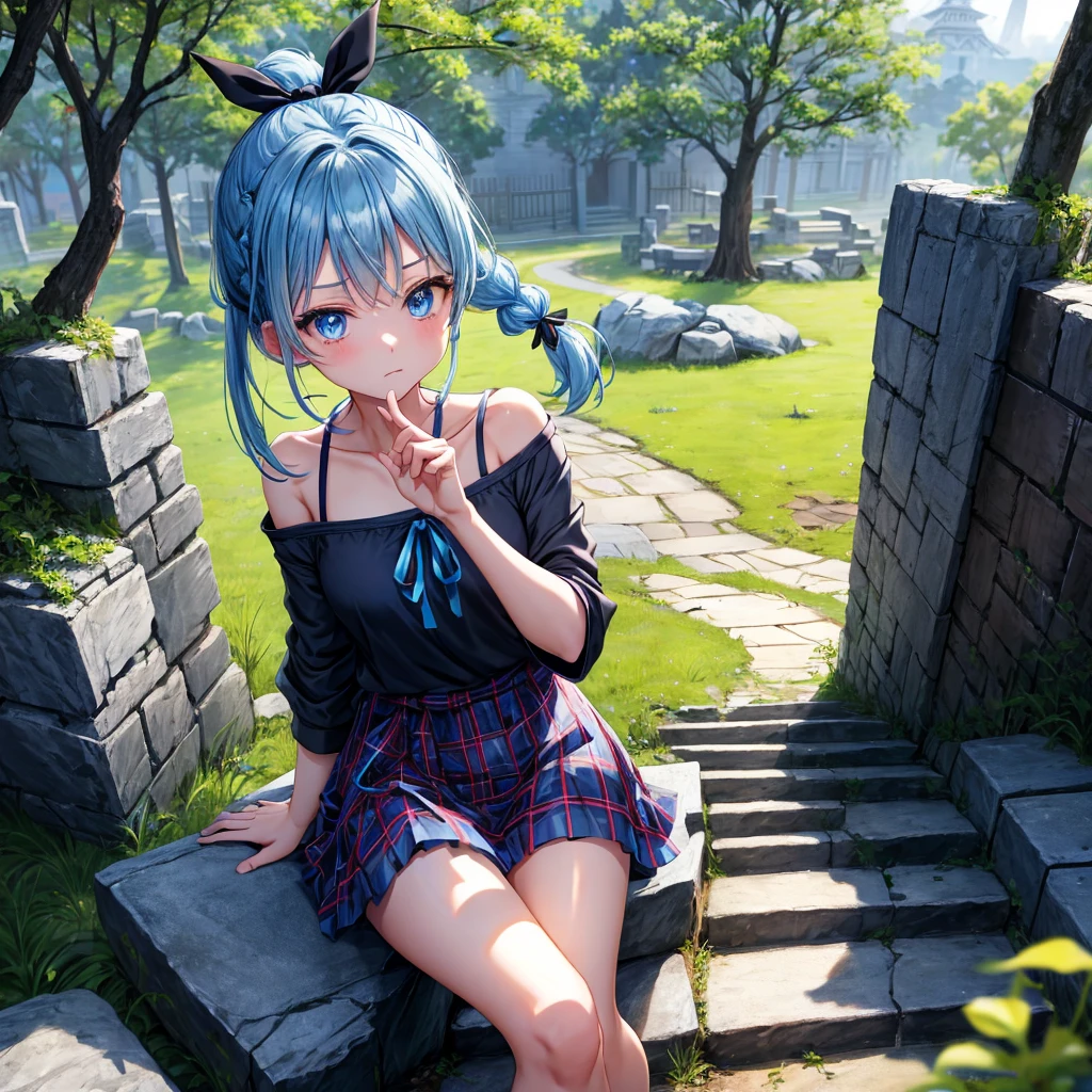 blue hair、blue eyes、Braid、ponytail、one good looking girl、solo、anime、Plaid miniskirt、camisole、black t-shirt、Tilting your face、Doing the ribbon、Ribbon at waist、sunset sky、broken stone steps、ruins、tunnel、Fallen leaves、Light and shadow、Raising legs、column、sparks fall、forest、tall grass grows、cloak、the ground is cracked、Shortness of breath、Meteor、sitting on a stone
