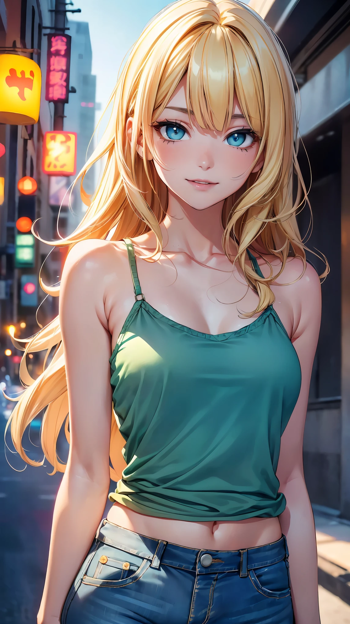 (8K, RAW photo, 最high quality, masterpiece:1.2), High-definition RAW color photo, Professional photo shoot, cinematic light, alone, (((young woman, gal))), (Sharp features), (small face), (high detail skin:1.2), clavicle, cute face, beautiful appearance, long eyelashes, (rainbow hair, greenいeye), beautiful breasts, (slim body shape:1.4), very detailed顔と肌の質感, 詳細なeye, double eyelid, 横eyeで見る, Place your hands behind your body, ((blonde, long bangs on one side, asymmetrical bangs, 片eyeが隠れる, wavy hair)), slender body, ((open your mouth and smile:1.2, 上eye遣い)), big breasts, normal hip joint, green_eye, cowboy shot, composition from above, (((Layering a tank top and camisole:1.5, denim pants:1.5, Seductive thighs))), downtown at night, 見つめるeye, beautiful skin, shiny skin, perfect fingers, five fingers, anatomically correct, background bokeh, high quality, surreal, bright colors, ((very detailed, photo shoot)),