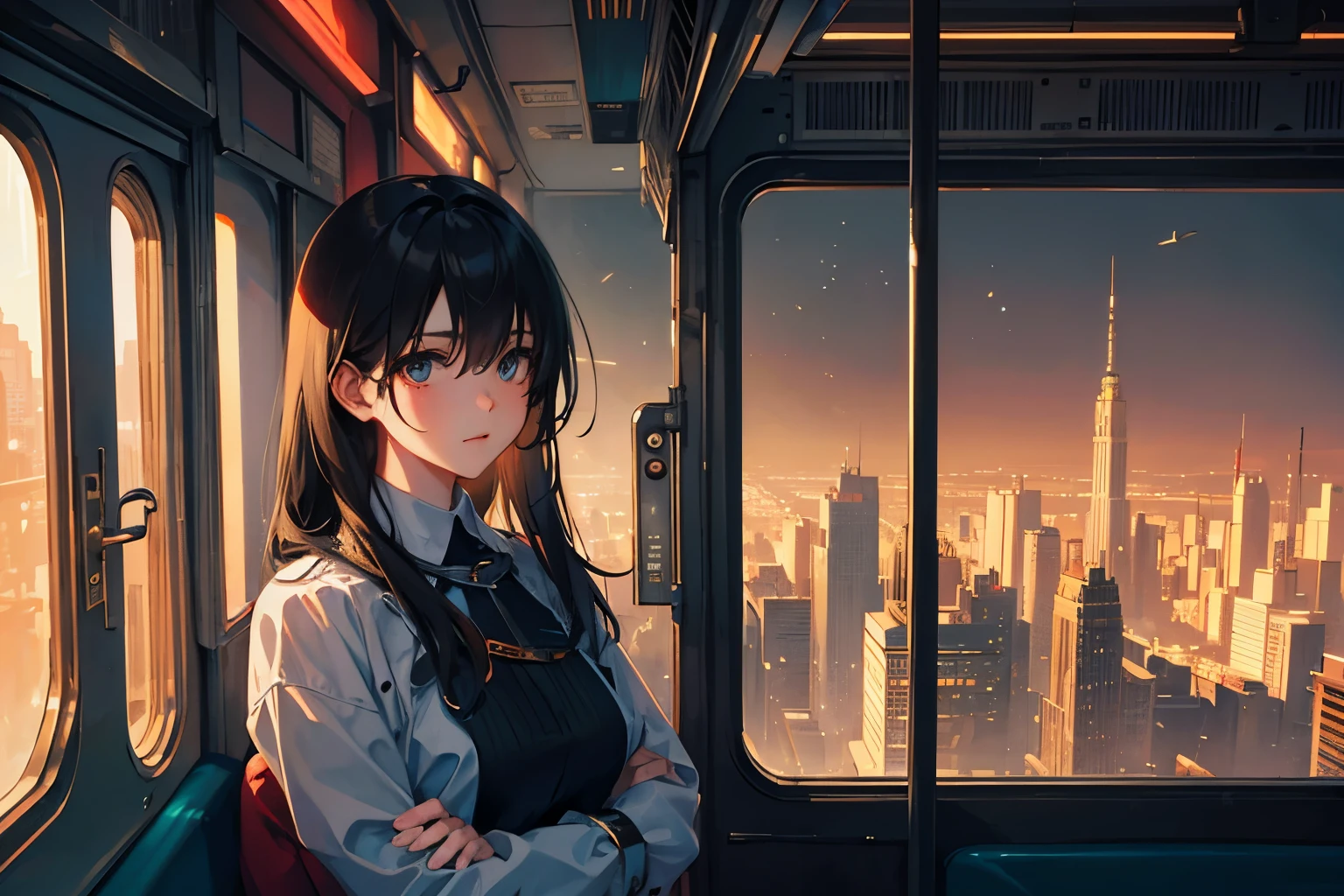 Create exquisite illustrations reminiscent of Makoto Shinkai's style, It has ultra-fine details and top-notch quality. Craft a captivating illustration featuring a girl gazing out of a train window at a cityscape that blends nostalgia with cyberpunk elements. Infuse the entire scene with a fantastical and intricate ambiance, ensuring a high-quality output. Detail the nostalgic interior of the train, with vintage decor and soft, warm lighting, creating a cozy atmosphere. Outside the window, depict a cyberpunk cityscape with towering skyscrapers adorned with neon lights and holographic billboards, juxtaposing the old-world charm of the train with the futuristic urban landscape. Pay close attention to the girl's expression, capturing a sense of wonder and curiosity as she observes the bustling metropolis passing by. Aim for a composition that transports the viewer into a dreamlike world where past and future collide in a mesmerizing tapestry of urban life seen through the lens of a train journey. best quality, masterpiece