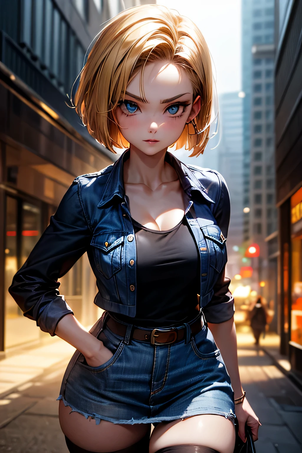 android 18, android 18, blonde hair, blue eyes, eyelash, hoop earrings, short hair, earrings, break belt, black legwear, black shirt, breast pocket, cleavage, clavicle, denim, denim skirt, high-waist skirt, jewelry, long sleeve, pocket, shirt, shirt tucked in, skirt, striped, striped sleeves, waistcoat,, break outdoors, city, null, cloud, sun, break looking at viewer, (cowboy shot:1.5), break (masterpiece:1.2), highest quality, High resolution, unity 8k wallpaper, (shape:0.8), (beautiful and detailed eyes:1.6), highly detailed face, perfect lighting, Very detailed CG, (perfect hands, perfect anatomy)