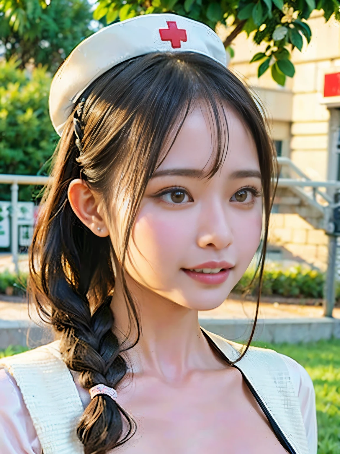 delicate, masterpiece, beautiful, colorful, finely, intricate details,Lip details,grace,,(1 girl:1.1),alone, (beautiful30歳のセクシーな韓国の女の子:1.2), Instagram, (K-POP idol, korean mixed), (black hair+tied up:1.3), (50mm sigma f/1.4 Zeiss lens, f1.4, 1/800 series, iso100, photo shoot:1.1), (big breasts:1.1), (realistic:0.8),hospital, sunlight,Are standing,(sexy nurse, nurse cap :1.2),smile,earrings,