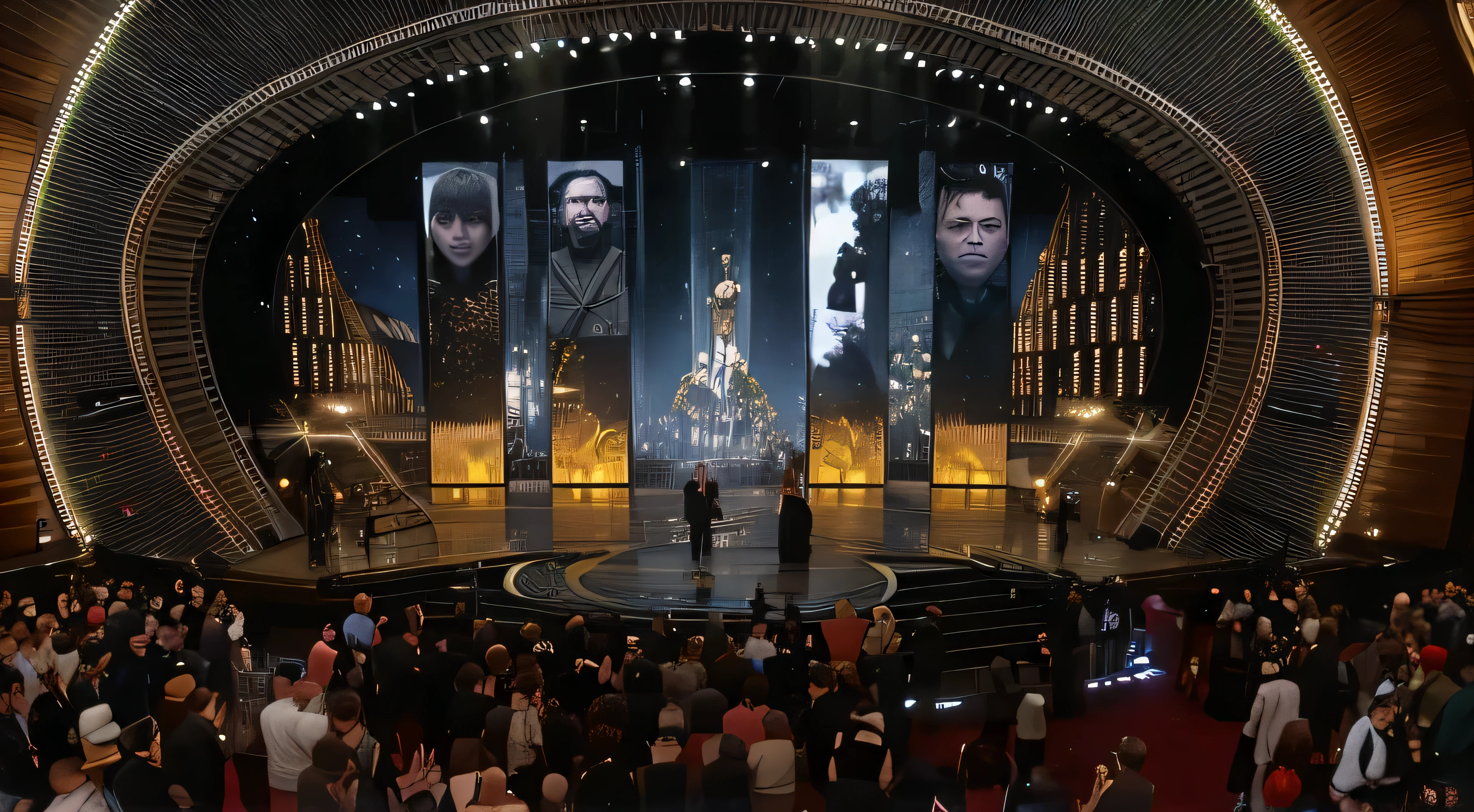 image of a crowd of people in the hall in front of the stage, awards ceremony scene, Oscar, Oscar winning graphics, Oscar nominated cinematography, winner of seven Oscars, Oscar winning, Oscar winner, screencap, Award Winning кинотеатрtography, Award Winning кинотеатр, Oscar award winning, Award Winning, High detail 4K, Award Winning снимок, Reward - Victory Shot