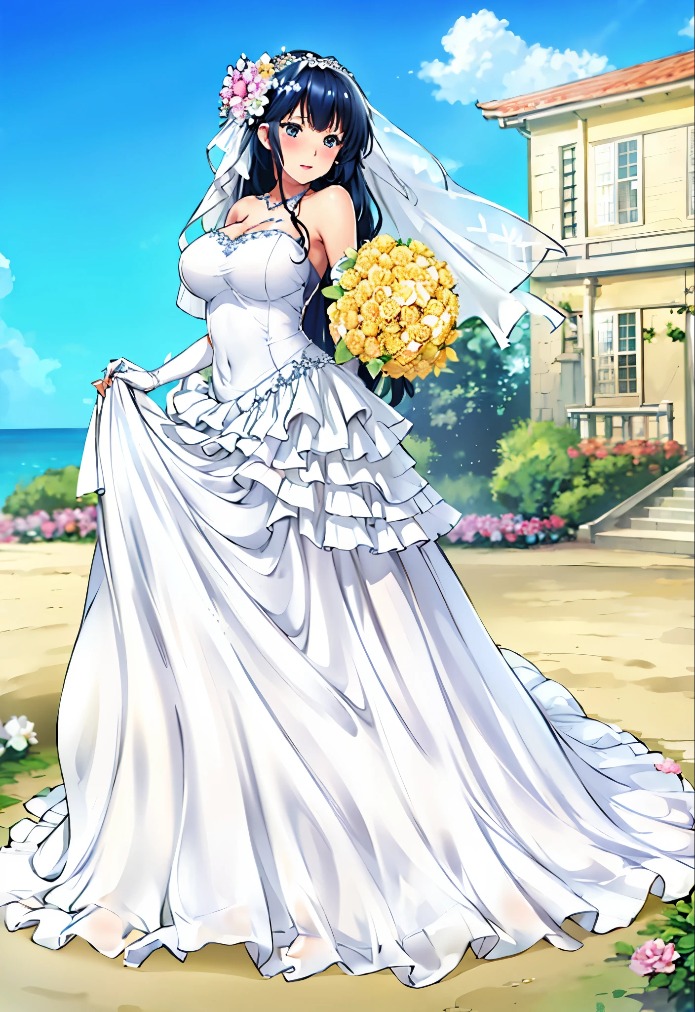 Otonashi_kyoko,
long hair,  Bangs, blue eyes, Blue hair, Smile，Shut up，blush，
 Close-up of beautiful bride wearing beautiful wedding dress,Gurwitz,(bridal veil:1.5），（Transparent short veil：1.5），Blushing face，Head flower，headgear，（tube top wedding dress：1.5），（Silk dress：1.2）,（Strapless wedding dress：1.5）,pure white dress，necklace，earrings，(large breasts:1.3)，Deep V peach heart collar wedding dress，Bangs，lipstick，（elbowgloves：1.3）,whole body照,High detail RAW color art,Long white dress，whole body，Place your hands behind your back