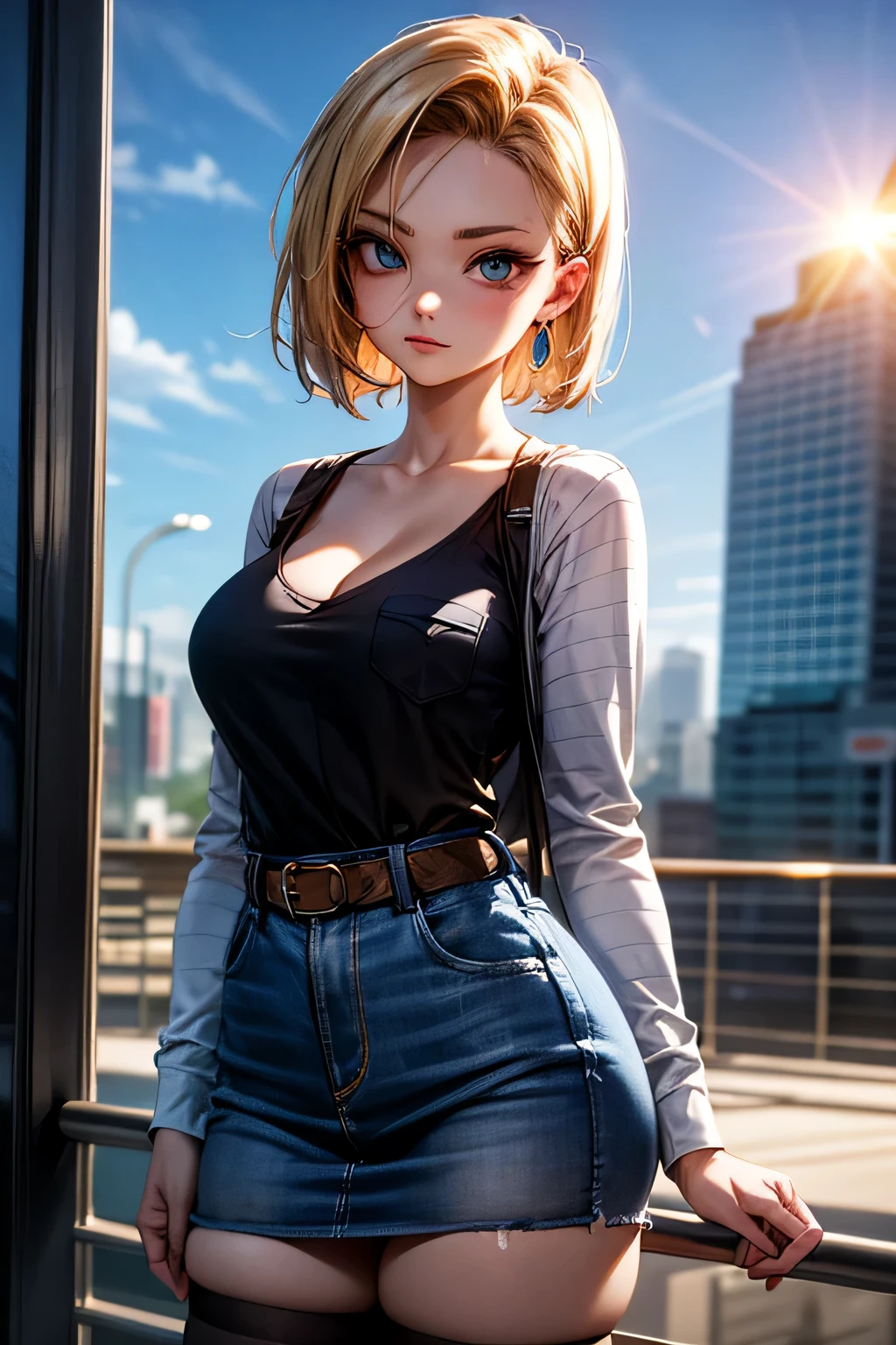 android 18, android 18, blonde hair, blue eyes, eyelash, hoop earrings, short hair, earrings, break belt, black legwear, black shirt, breast pocket, cleavage, clavicle, denim, denim skirt, high-waist skirt, jewelry, long sleeve, pocket, shirt, shirt tucked in, skirt, striped, striped sleeves, waistcoat,, break outdoors, city, null, cloud, sun, break looking at viewer, (cowboy shot:1.5), break (masterpiece:1.2), highest quality, High resolution, unity 8k wallpaper, (shape:0.8), (beautiful and detailed eyes:1.6), highly detailed face, perfect lighting, Very detailed CG, (perfect hands, perfect anatomy)