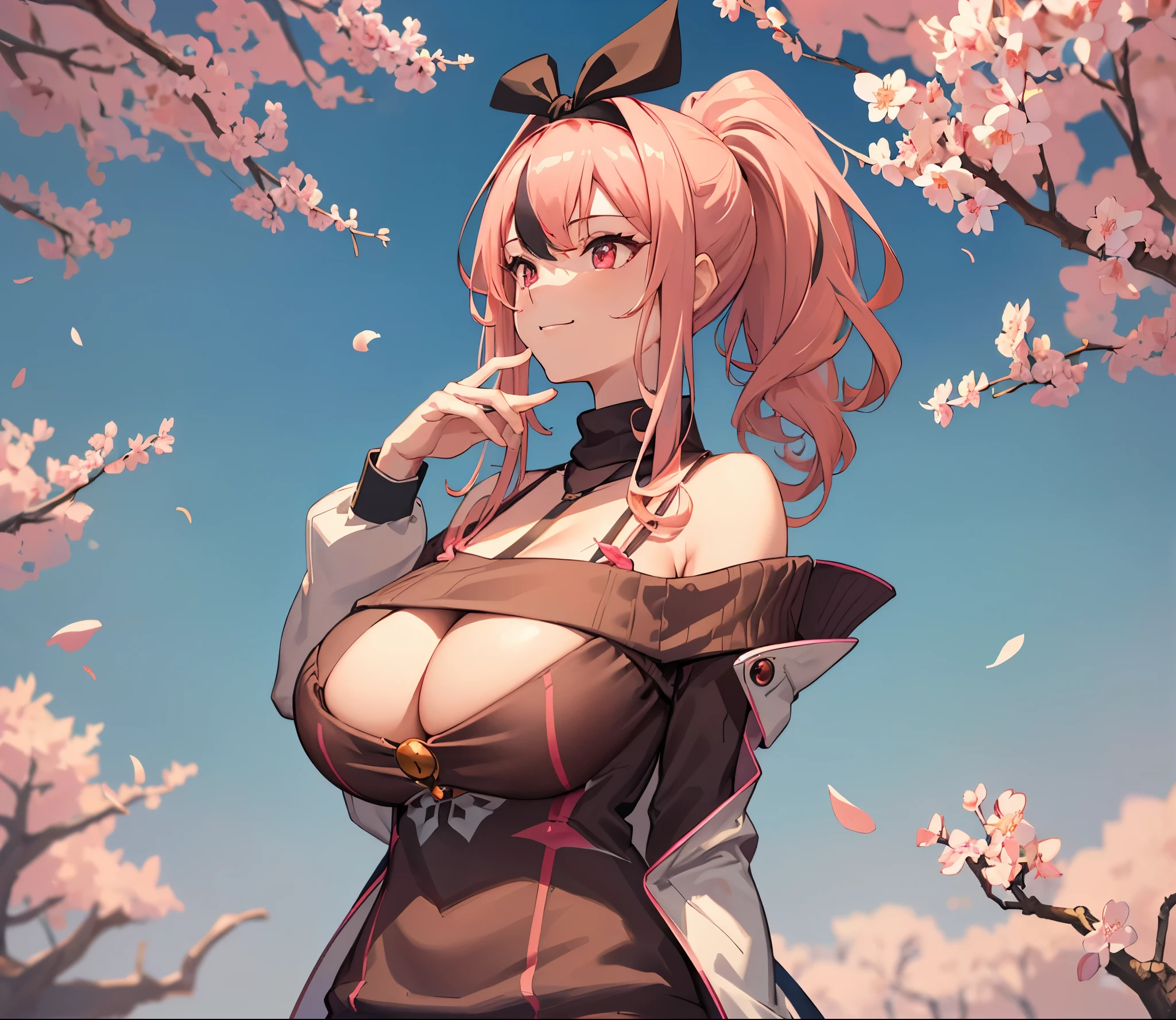 (extremely detailed CG unity 8k wallpaper), (((masterpiece))), (((best quality))), ((ultra-detailed)), (((illustration))), (best shadow), ((an extremely delicate and beautiful)), (detailed light), (well designed face), amazing face, (super detailed), cinematic shot, beautiful detailed eyes, detailed background, 1girl, solo, ((pink hair)), ((multicolored hair)), ((red eyes)), ((short ponytail)), (headband), ((halterneck)), huge breasts, firts rate breasts, first rate female bodies, (sleveless sweater), ((open chest sweater)), white jacket, open jacket, cherry blossom trees in behind, outdoor, bewitching thighs, smirk, hand on cheek,