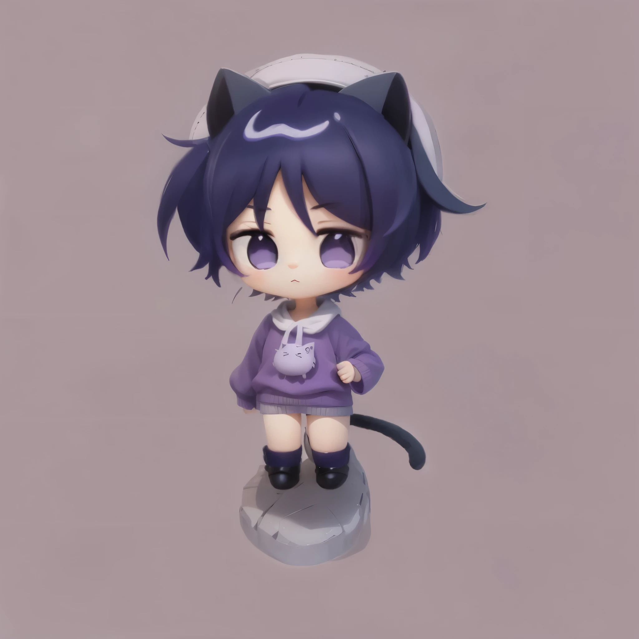 C4d modeling 3d rendering high-definition soft color ultra-light clay material blind box hand-made style girl，Purple hair，Purple clothes，Purple eyes with cat tail，Has cat ears，Anthropomorphic cat wearing a hat, cute, beautiful, fine lines, Morandi color scheme