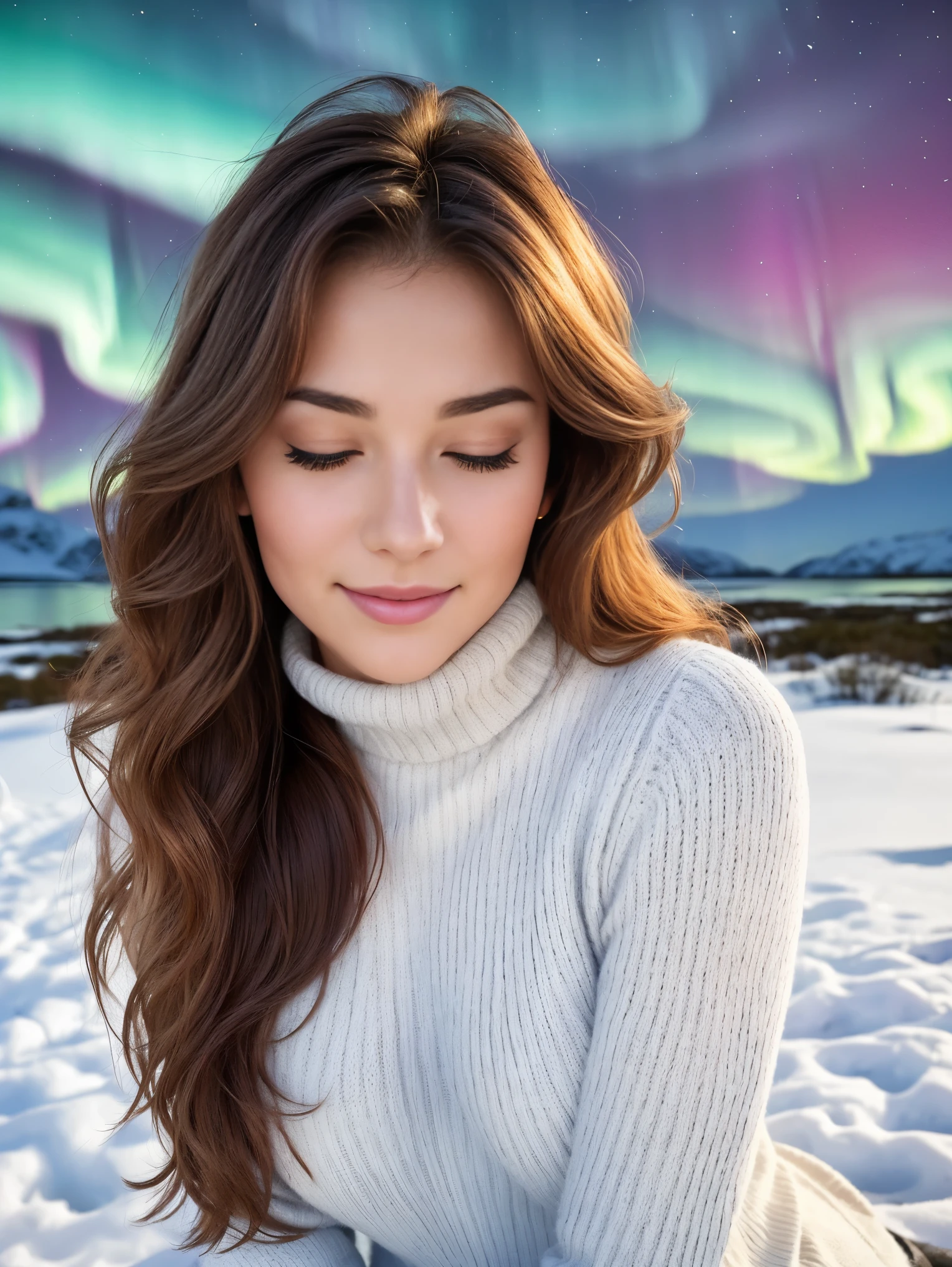 Wide shot. An ultra hot gorgeous sweden woman, age 23, auburn wavy hair, she’s a playmate, men magazine model. Her face and her body pose illustrate (((she’s peaceful, happy, face of happiness, closed eyes))). ((Random winter color turtleneck wool sweater)). ((Outside, at night, snowy landscape, northern lights)). Perfect anatomy, perfect hair, perfect breast, perfect body, perfect hands, perfect face, perfect eyes, accurate, anatomically correct, perfect clear and crisp focus, UHD, masterpiece,