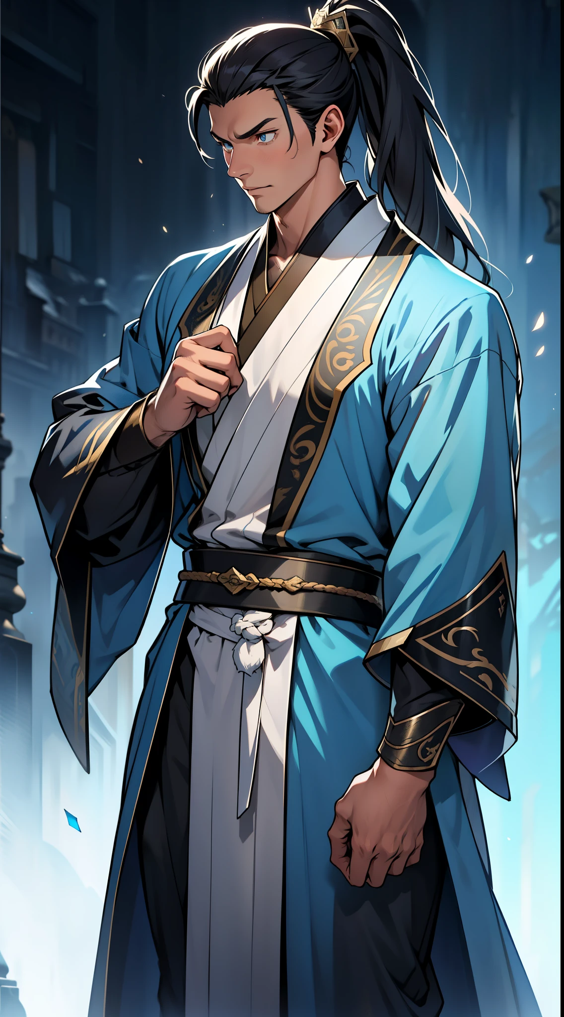 quadratic element，style of anime，mtu（Male Warrior），The proportions are correct，Face details，swordsmen，High ponytail hairstyle，Neck details，There is an Adam's apple，Blue suit，kaftan，long blue robes，clothes details，Handing over，longer sleeves，Game quality，Swordsmanship，Light and shadow tracking，Ray traching，detailed glow，cg render，hair detail，Blue long hair，blue colored eyes，Handsome，Handsome，（juvenile sense），Clothing is complicated，Perfectcomposition，Refinement，high qulity，higher details，Lots of details，The background is complex，a sense of atmosphere，