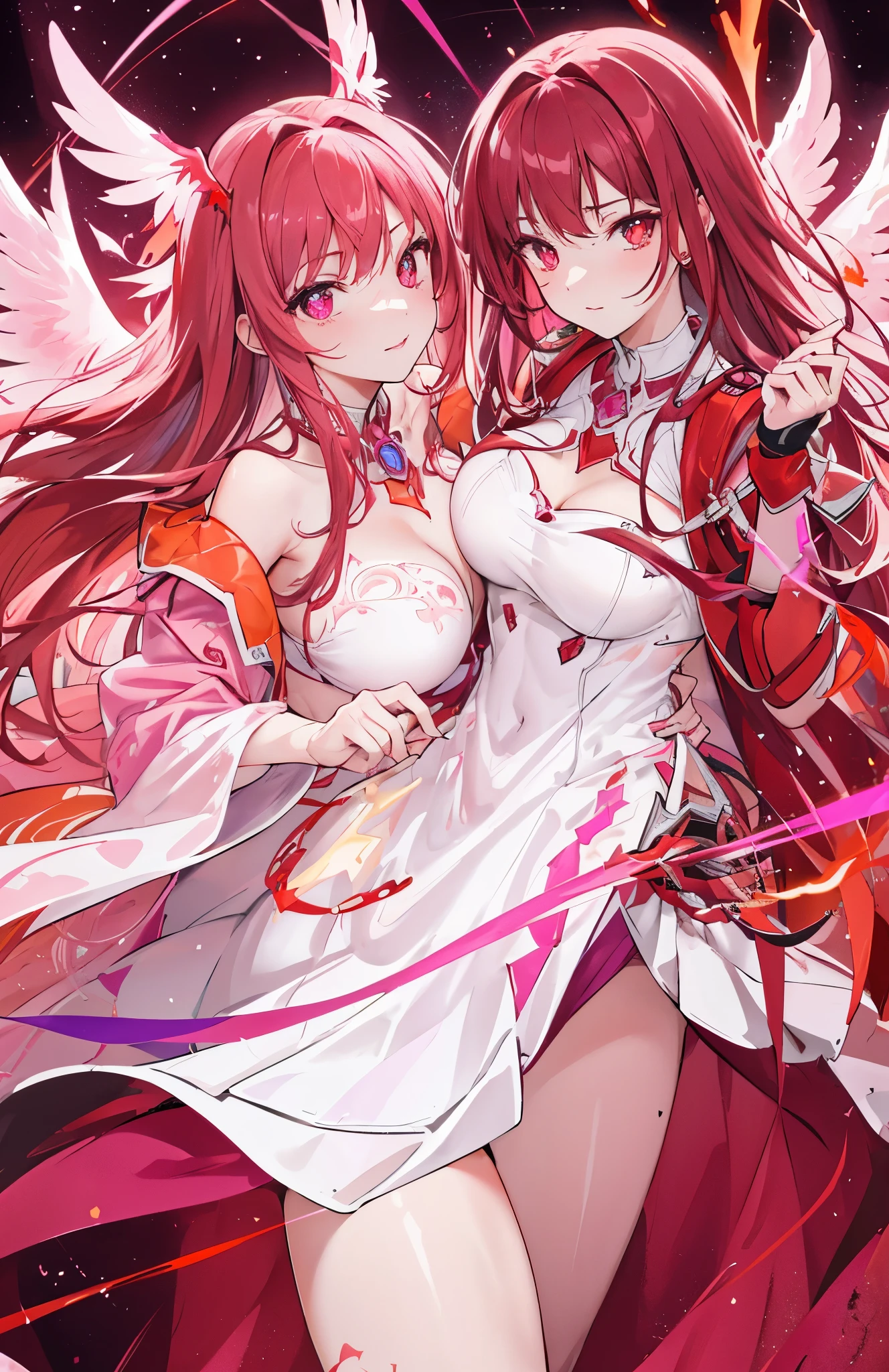 Pink-purple blood-red pupils,Beautiful reddish brown hair,There is a beauty mole,The face is white and tender,Like a phoenix,spark pattern,Red crystal for decoration,Body glowing with orange fluorescence,Looks beautiful,It was stunning,dress appropriately