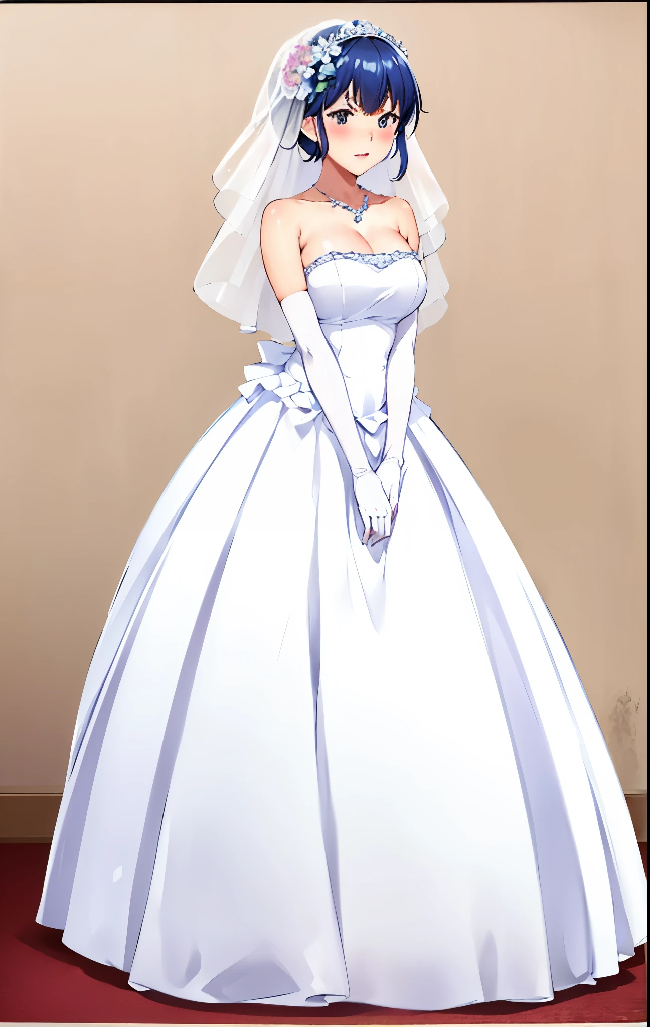 Otonashi_kyoko,
long hair,  Bangs, blue eyes, Blue hair, Smile，Shut up，blush，
 Close-up of beautiful bride wearing beautiful wedding dress,Gurwitz,(bridal veil:1.5），（Transparent short veil：1.5），Blushing face，Head flower，headgear，（tube top wedding dress：1.5），（Silk dress：1.2）,（Strapless wedding dress：1.5）,pure white dress，necklace，earrings，(large breasts:1.3)，Deep V peach heart collar wedding dress，Bangs，lipstick，（elbowgloves：1.3）,whole body照,High detail RAW color art,Long white dress，whole body，Place your hands behind your back