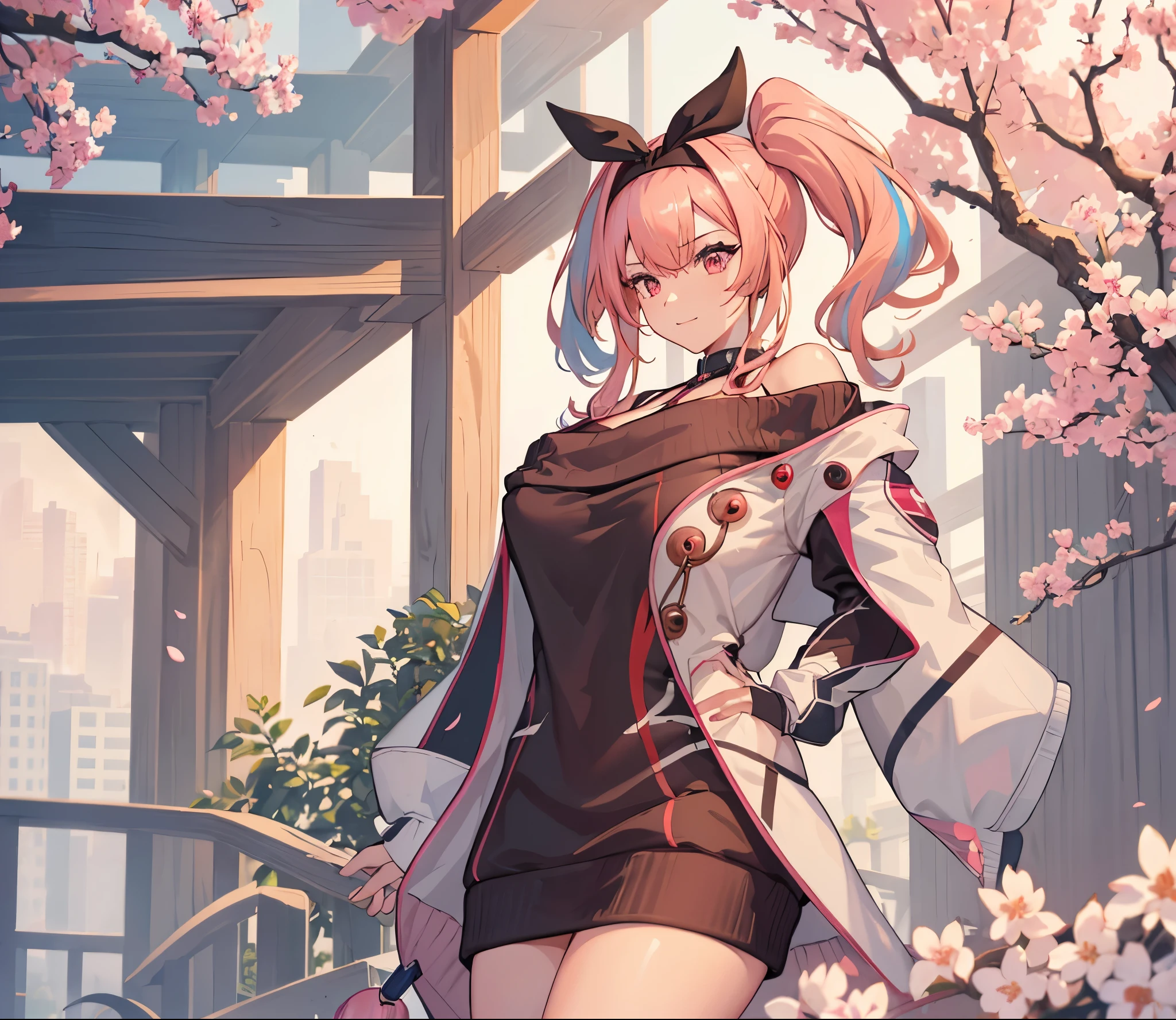 (extremely detailed CG unity 8k wallpaper), (((masterpiece))), (((best quality))), ((ultra-detailed)), (((illustration))), (best shadow), ((an extremely delicate and beautiful)), (detailed light), (well designed face), amazing face, (super detailed), cinematic shot, beautiful detailed eyes, detailed background, 1girl, solo, ((pink hair)), ((multicolored hair)), ((red eyes)), ((short ponytail)), (headband), ((halterneck)), huge breasts, firts rate breasts, first rate female bodies, (sleveless sweater), ((open chest sweater)), white jacket, open jacket, cherry blossom trees in behind, outdoor, bewitching thighs, smirk, hand on cheek,