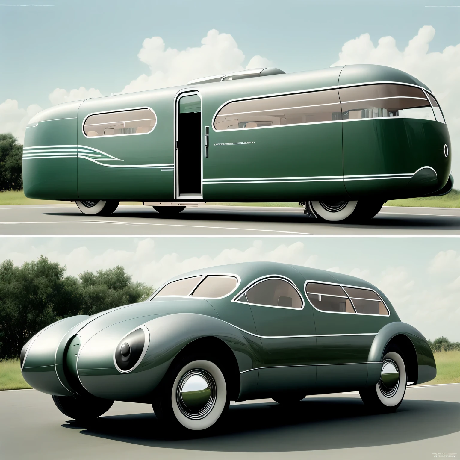 Aerodynamic futuristic concept bus, 1940s retro style
