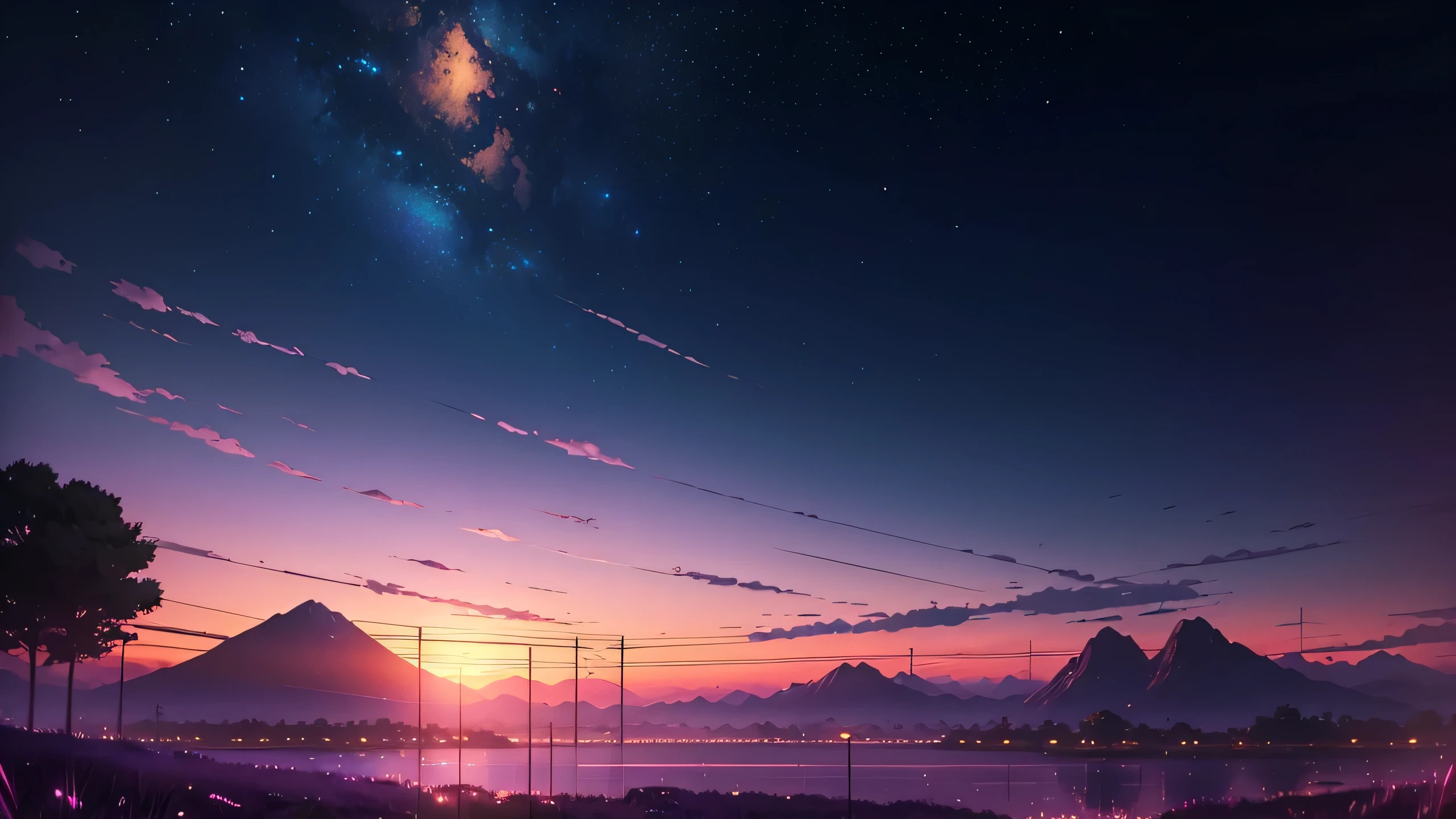 The picture is bright and well lit. no humans. (((Makoto Shinkai style)),pixiv,anime drawing,high quality,pink purple sky,beautiful scene),(universe,train passing,magical realism,((makoto shinkai style)) ::0.8), [Artistic Atmosphere, Atmosphere:0.8, Starry Sky, Hills, Snow Mountain, Sparkling Water, Grass, Trees, Smoke, Stars, Low Angle of View, Specular Scattering,