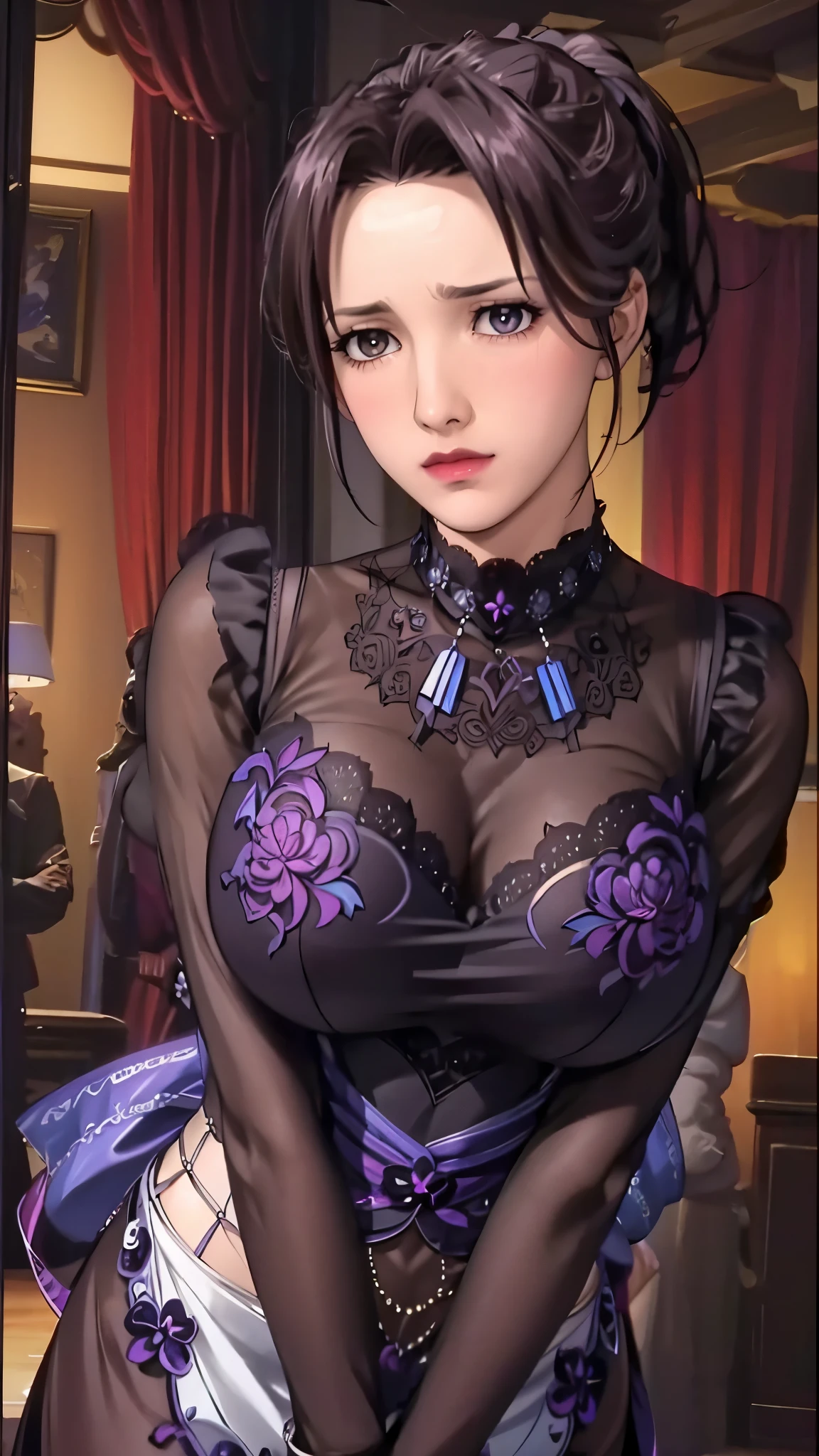 （（（shirt，白色shirt，brown coat（（（1girl，clavicle，makeup, Purple hair,brown eyes,lips,ponytail,short hair,lipstick,ribbon,collarbone, ））），（（（wide hips））），S-shaped body:1.7））），((masterpiece)),high resolution, ((Best quality at best))，masterpiece，quality，Best quality，（（（ Exquisite facial features，looking at the audience,There is light in the eyes，blush，shy））），（（（Light and shadow interlace，super gigantic ））），（（（looking at the audience，stooping forward）））