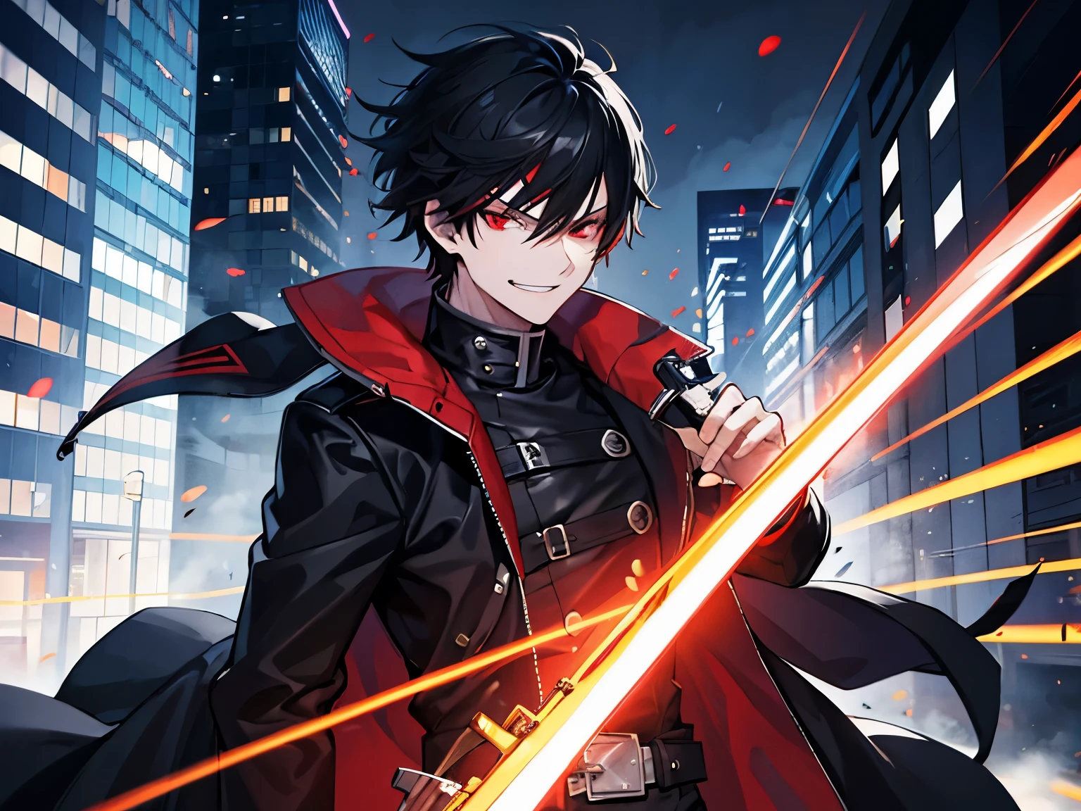 Man, black hair, light red eyes, black jacket coat, 1 person, smirk, solo, sword, on city 