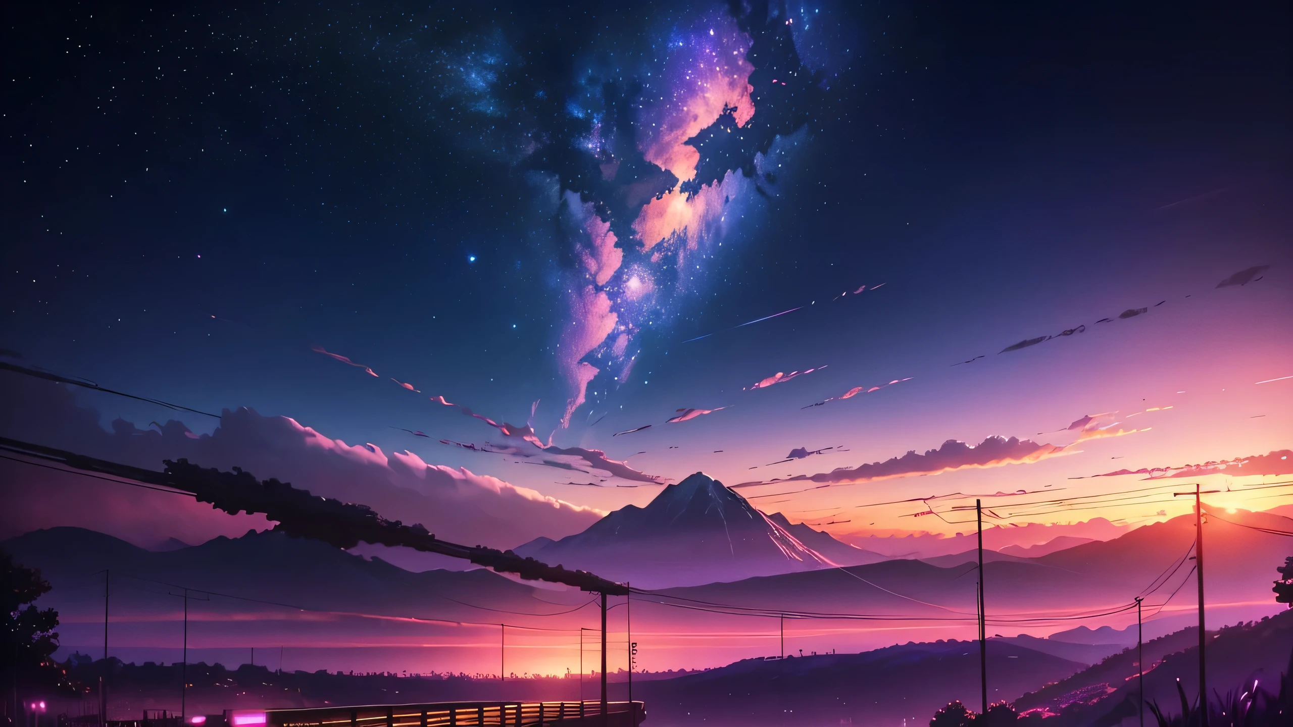 The picture is bright and well lit. no humans. (((Makoto Shinkai style)),pixiv,anime drawing,high quality,pink purple sky,beautiful scene),(universe,train passing,magical realism,((makoto shinkai style)) ::0.8), [Artistic Atmosphere, Atmosphere:0.8, Starry Sky, Hills, Snow Mountain, Sparkling Water, Grass, Trees, Smoke, Stars, Low Angle of View, Specular Scattering,