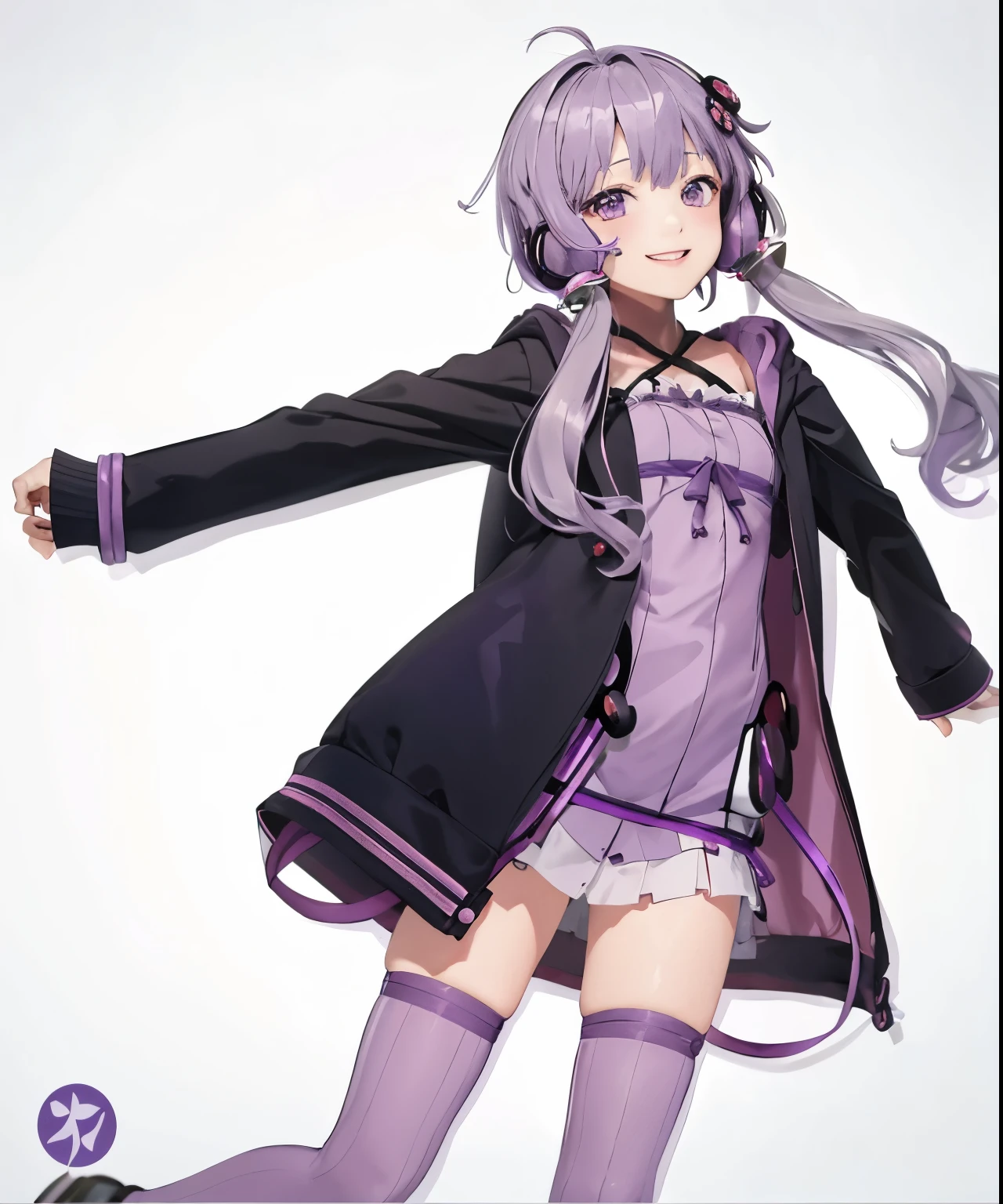 masterpiece, highest quality,  Yuitsuki Yukari,  1 girl, purple hair,long hair, long hairを持つ短い髪,twin tails,hood,hair ornaments,headset,purple eyes,Jacket, dress,purple knee socks,gray background, smile,