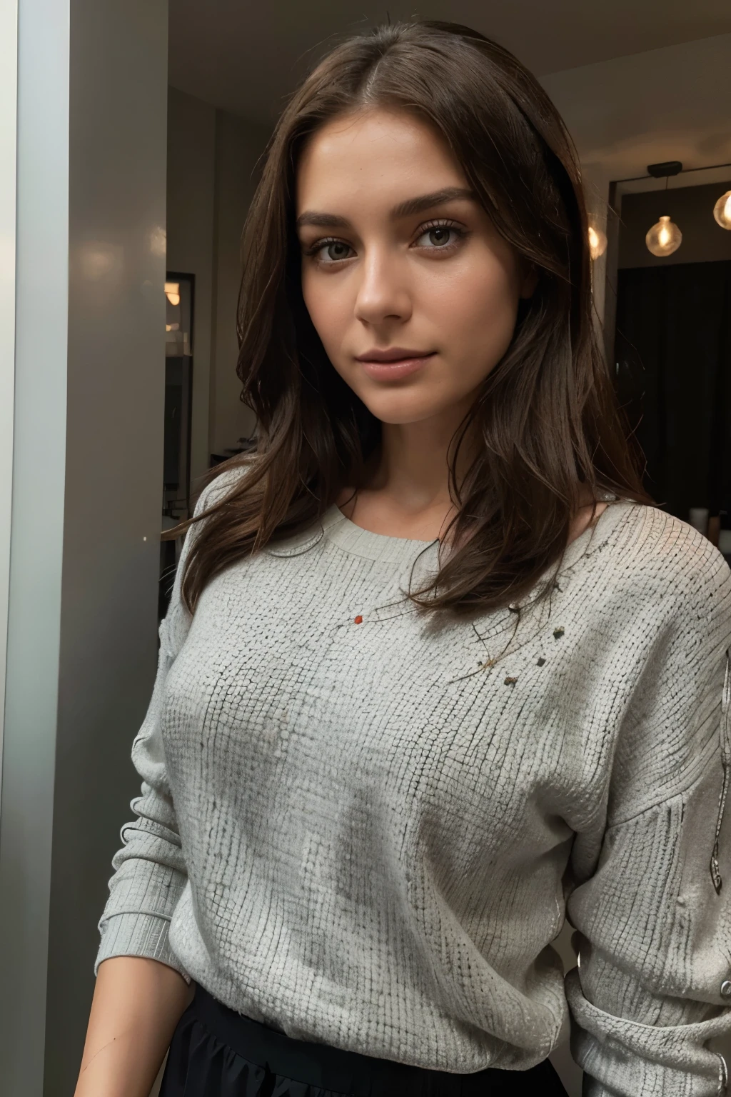 steht in einem cafe modernes cooles realistisches outfitt bestellt sich an der theke einen kaffe wird von der seite fotografiert seitenprofil (Realistische Beleuchtung, Meisterwerk:1.3), (8 TAUSEND, fotorealistisch, RAW-Foto, best quality: 1.4), (1girl), ultradetailliert, Eine Frau, kastanienbraunes Haar, glitzernde t, pretty face, (realistisches Gesicht), (kastanienbraunes Haar, lange Haare:1.3), beautiful hairstyle, realistische Augen, beautiful detailed eyes, (Realistische Haut), nice skin, beautiful Brunette woman, Beautiful brunette girl, attraktive Frau, Brunette woman, beautiful woman, Photo of a beautiful woman, attractive pretty face, Gorgeous woman, sweet woman, beautiful beautiful woman, beautiful attractive face, pretty girl, schulterlanges Haar, Glattes Haar, European, sexy, Happy