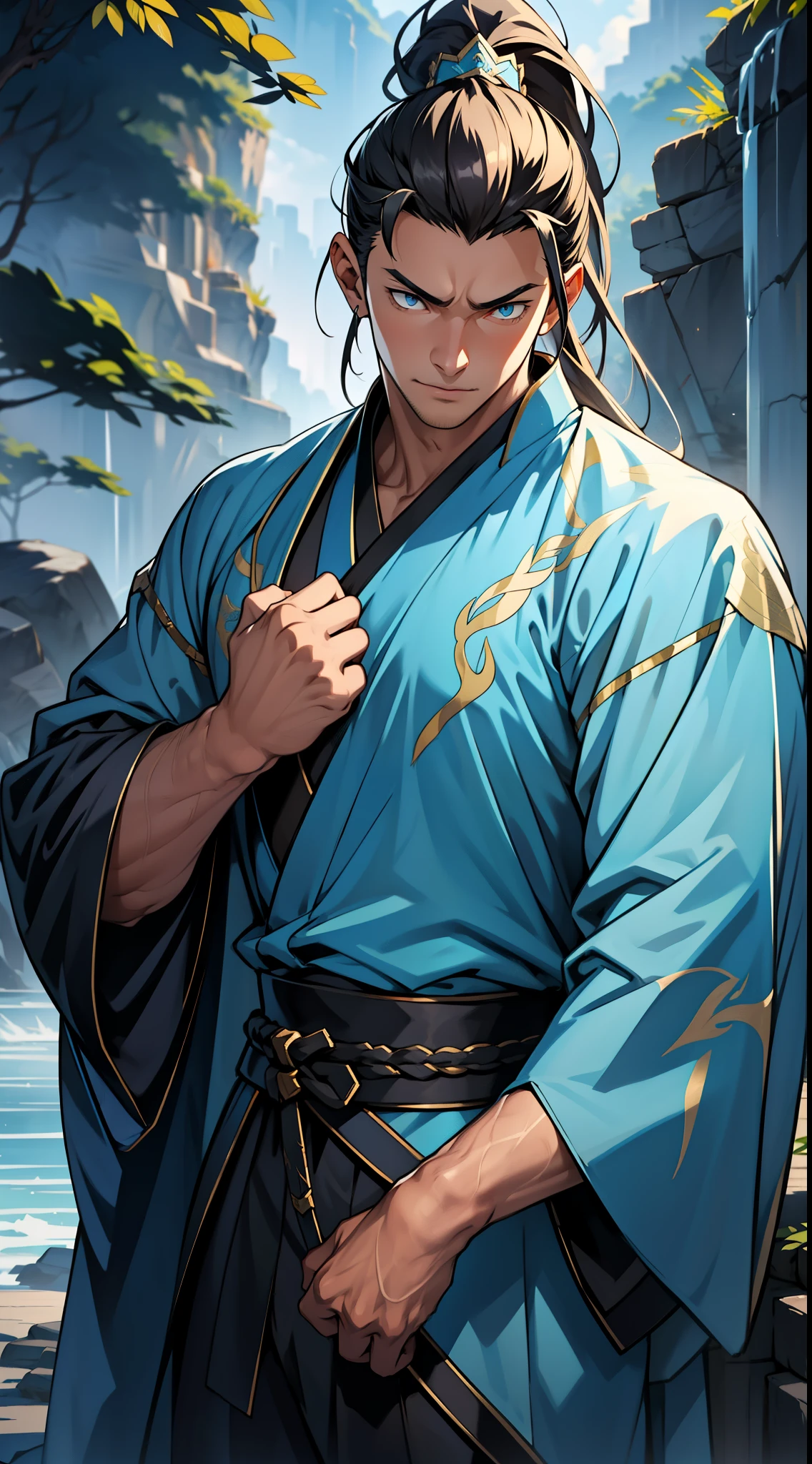 quadratic element,style of anime,mtu(Male Warrior),The proportions are correct,Face details,swordsmen,High ponytail hairstyle,Neck details,There is an Adam's apple,Blue suit,kaftan,long blue ,clothes details,Handing over,longer sleeves,Game quality,Swordsmanship,Light and shadow tracking,Ray traching,detailed glow,cg render,hair detail,Blue long hair,blue colored eyes,Handsome,Handsome,(juvenile sense),Clothing is complicated,Perfectcomposition,Refinement,high qulity,higher details,Lots of details,The background is complex,a sense of atmosphere,