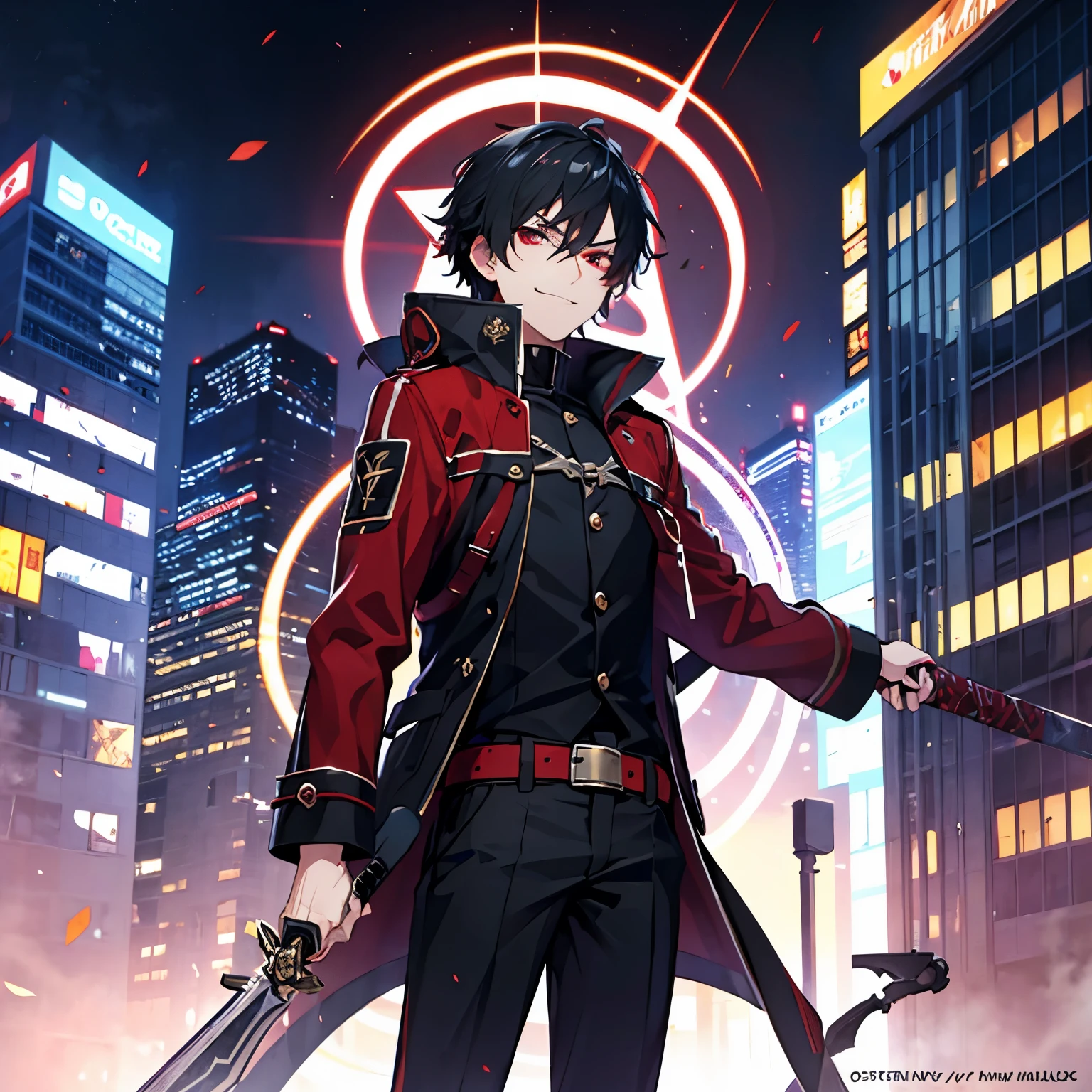 Man, black hair, light red eyes, black jacket coat, 1 person, smirk, solo, sword, on city