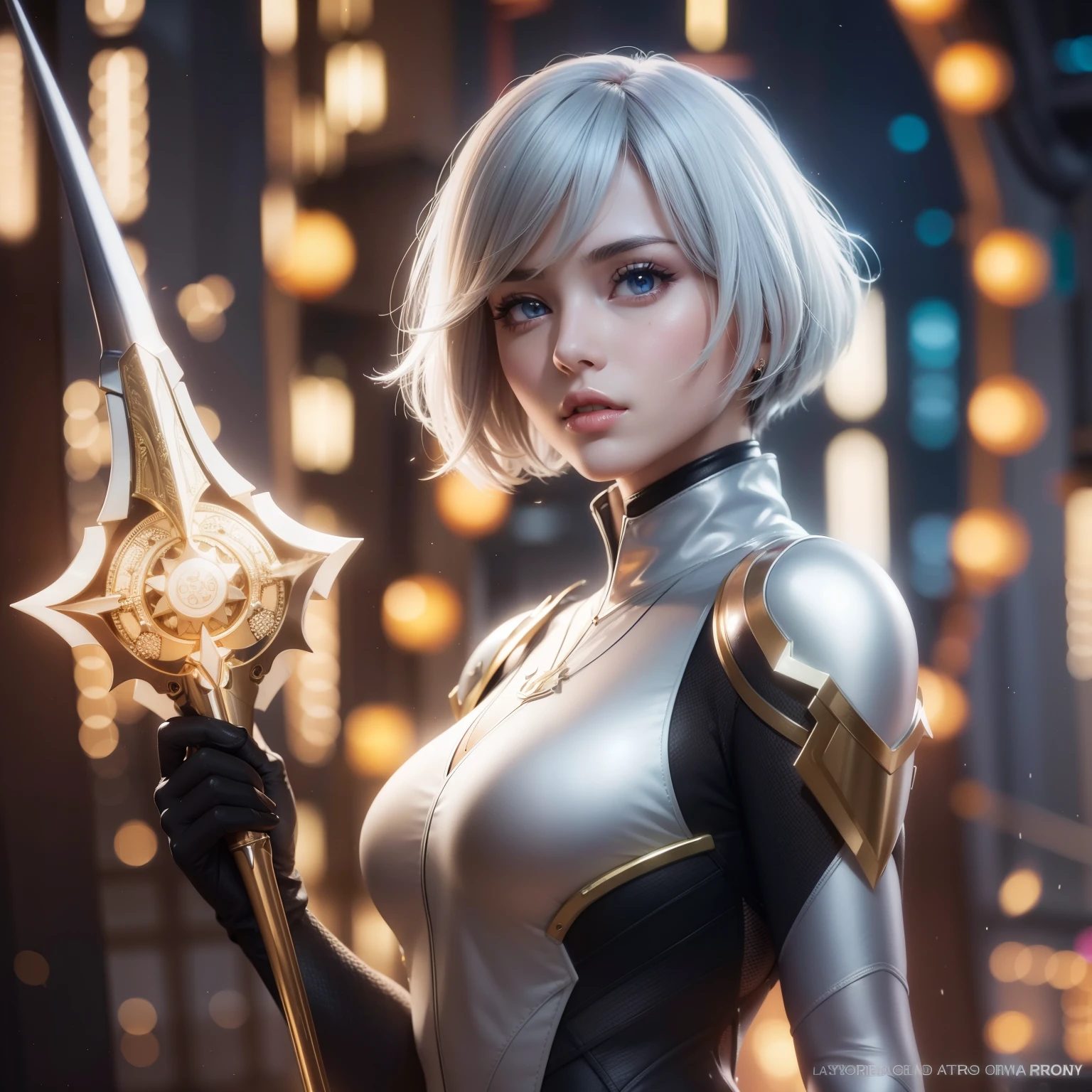 Beauty girl in hyper detailed heroine futuristic beauty design tight suit, holding a super detailed beauty sword, sharp focus, cinematic illumination, masterpiece, 4k