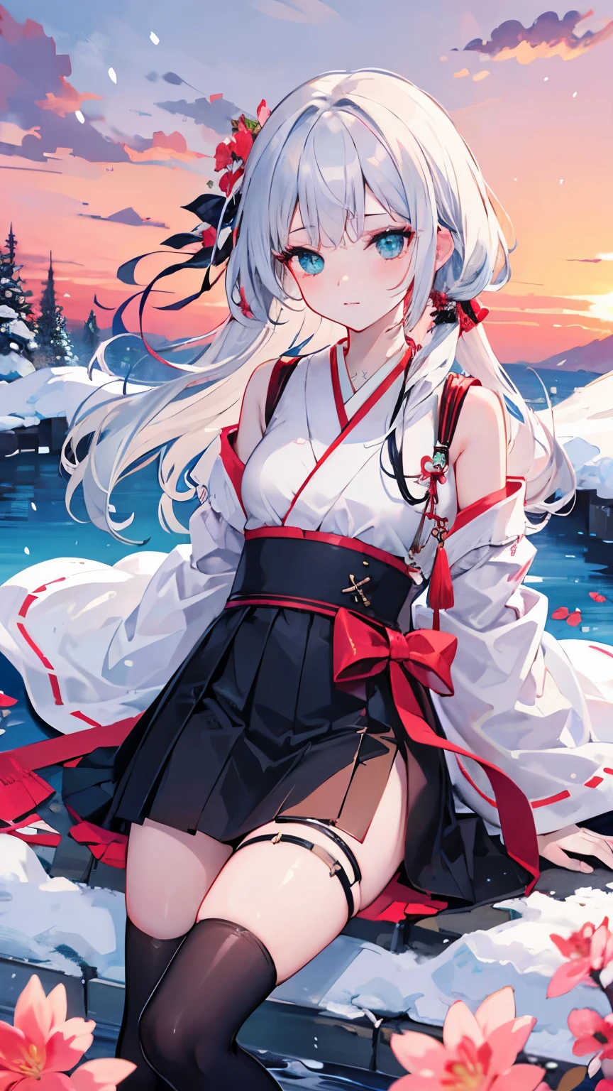 Ultra detailed, perfect face, ultra quality, Girl with white hair, aqua eyes, ribbon, thigh high, white upper japanese clothes with aqua stripes, black skirt, long hair, cinematic, bright red sky, sakura flower, snow, composition, perspective