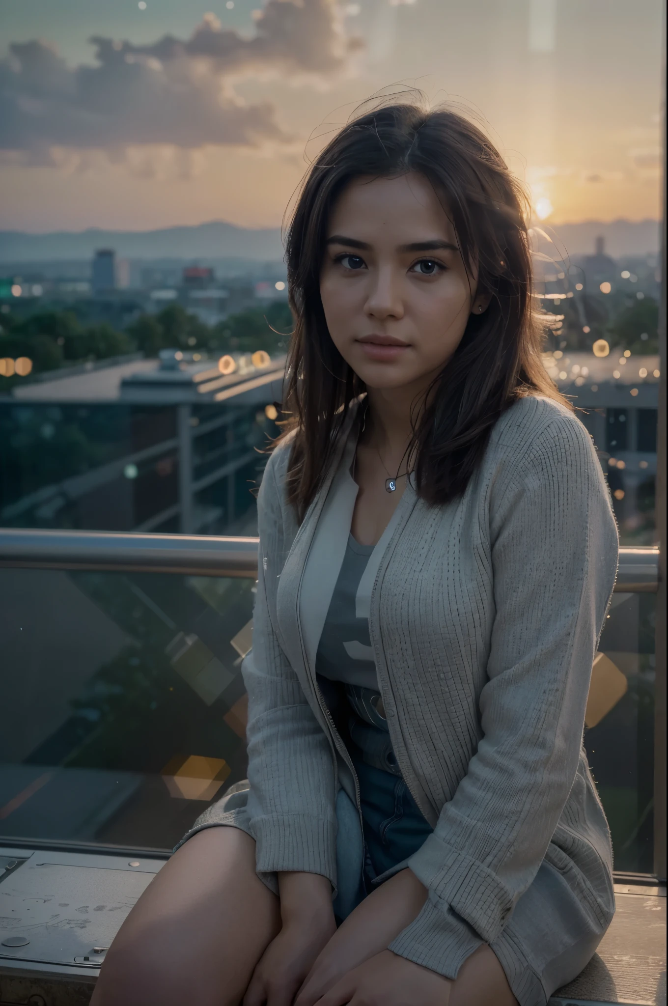 (8k, RAW photo, best quality, masterpiece:1.2),(realistic, photo-realistic:1.37), ((best quality)), ultra high res,extremely detailed CG unity 8k wallpaper, physically-based rendering,cinematic lighting,full body, (bokeh:1.4), (1boy), sit, watch sunset, warm sunset, beautiful sky, cloudy, airplane trails, view from far, from below