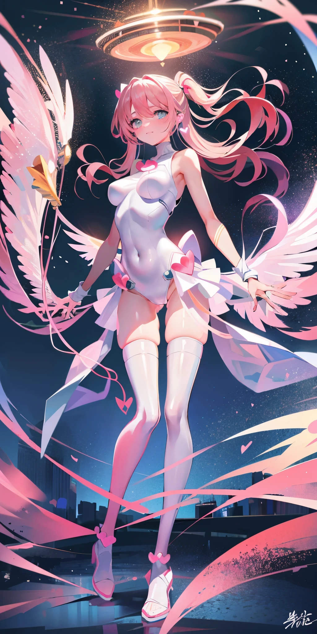 (masterpiece, best quality: 1.3), (16k, high resolution: 1.3), Beautiful age girl, White mechanical body, clear skin, Light, 有Light发Light, Dream, Surreal background, floating, universe, Godly, myth, heavenly, (((pink hearts))), small breasts,open navel,Bare thighs,camel toe,Full body female love, staring at the audience, 目Light坚定而凝重,