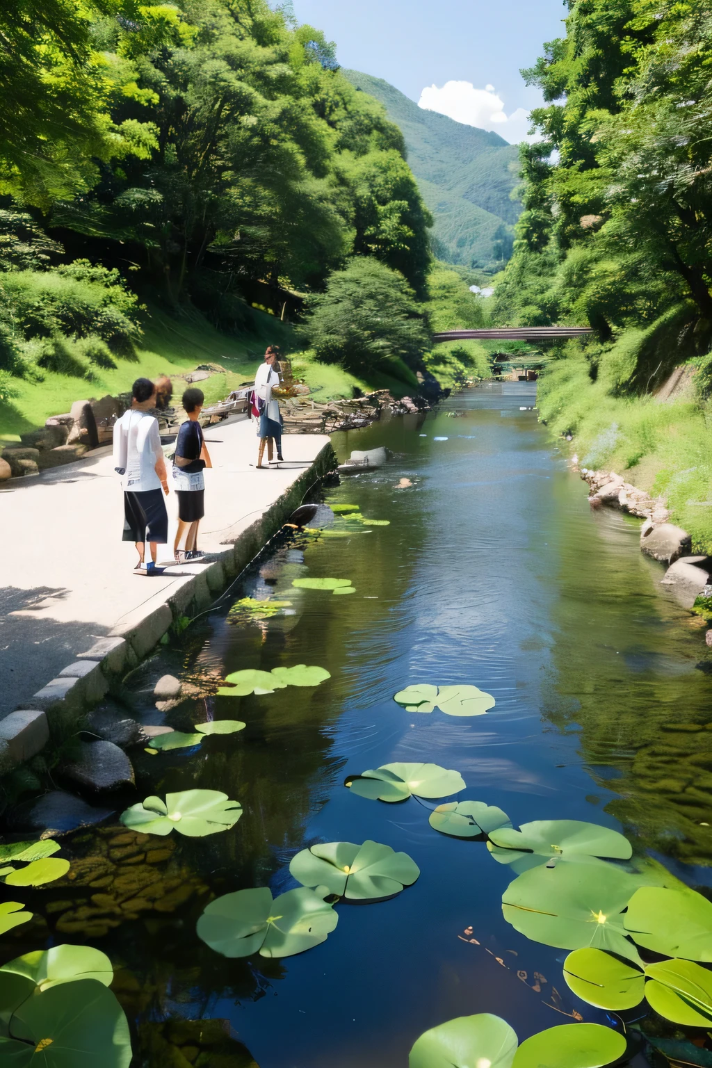 A calm stream flowing through a low mountain,Japan,sunny day,Summer day,University students playing by the river