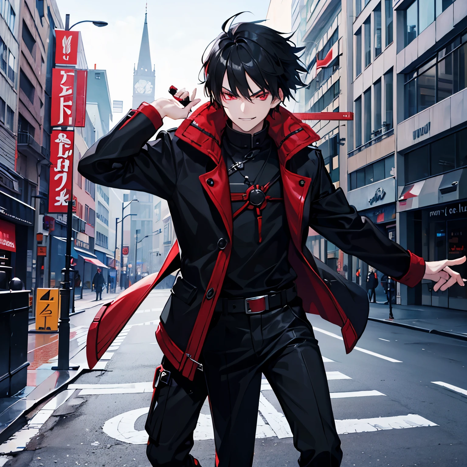 Man, black hair, light red eyes, black jacket coat, 1 person, smirk, solo, sword, on city, swag, badass