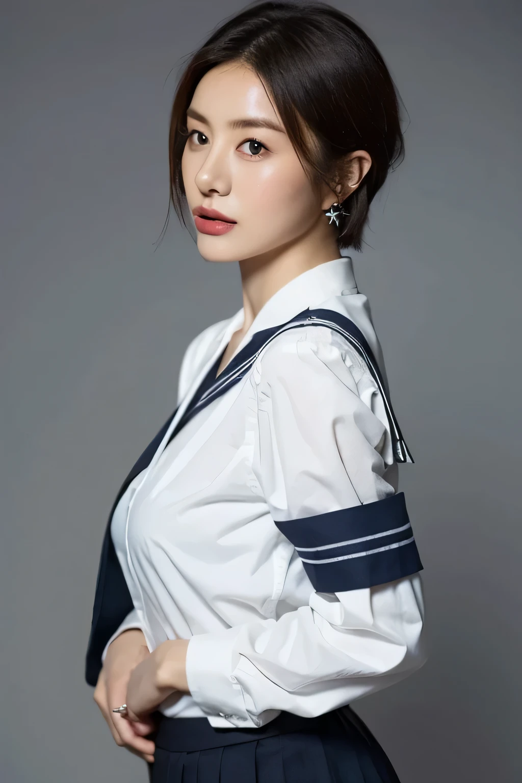 (highest quality,8K,masterpiece),studio photography,gray background,Low - Angle,portrait,look forward,
Very beautiful Japan models,fine skin,realistic skin, lip gloss,rouge,
very short hair,pixie cut,
big earrings,jk uniform,sailor suit,
big breasts,thighs,
jk uniform,silo uniform,skirt, white shirt, big breasts,emphasize cleavage,