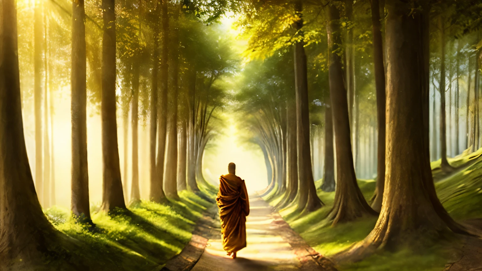 A novice Buddhist monk walks along a winding forest path, the earth soft beneath his bare feet, towering trees whispering ancient wisdom, shafts of golden sunlight piercing through the canopy, a sense of wonder and discovery in the air, Illustration, pencil drawing on textured paper, --ar 16:9 --v 5