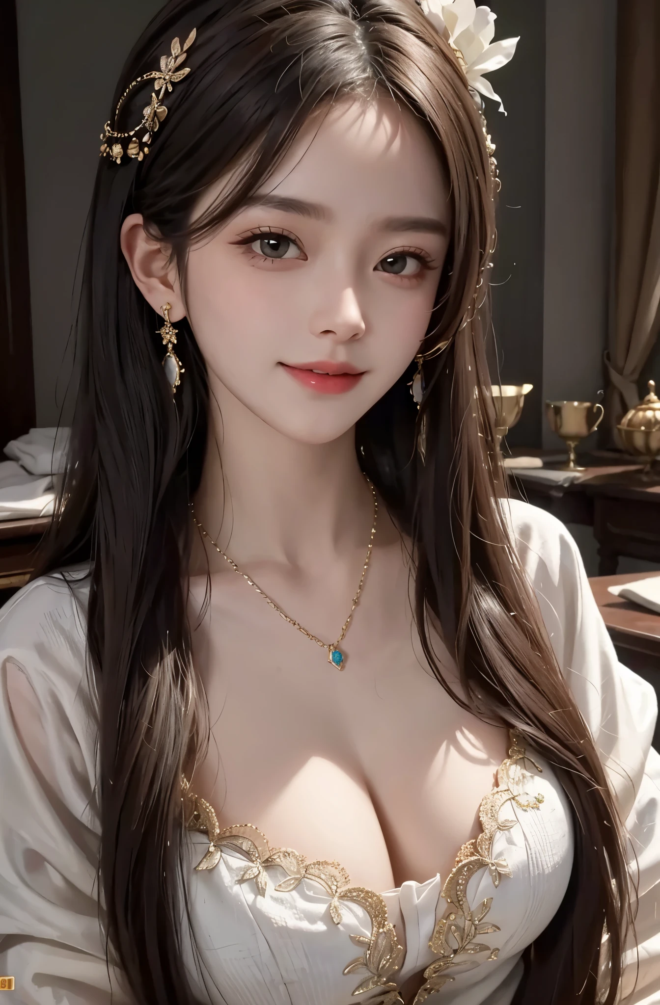 8K Ultra HD, table top, highest quality, beautiful girl, long hair, Beautiful necklaces, beautiful earrings, beautiful hair ornament,  girl, smile, Sexy, big breasts, cinematic lighting