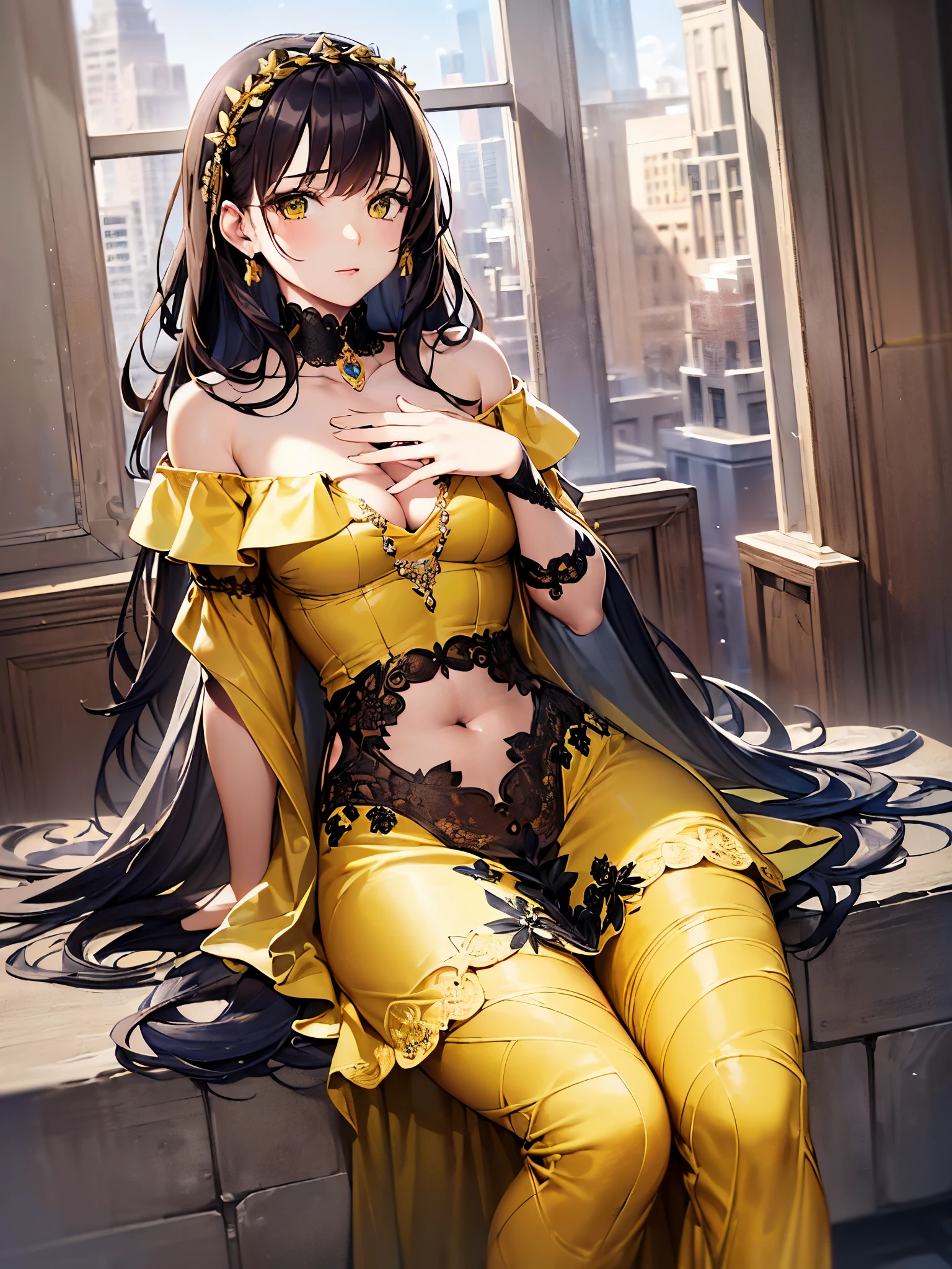 ((highest quality)),(ultra high resolution),(Super detailed),(detailed description),((best CG)),(best work of art),super precision art,great drawing art,(Art with precise details:1.5), (1 noblewoman:1.7),(beautiful and well-shaped face:1.5),((off shoulder gorgeous yellow dress:1.8)),Circular skirt,Laced boots:1.4